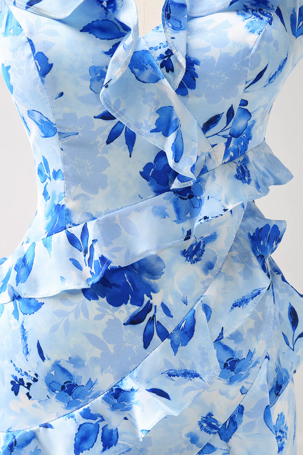 Blue Ruffled Floral Bridesmaid Dress with Slit - Image 8