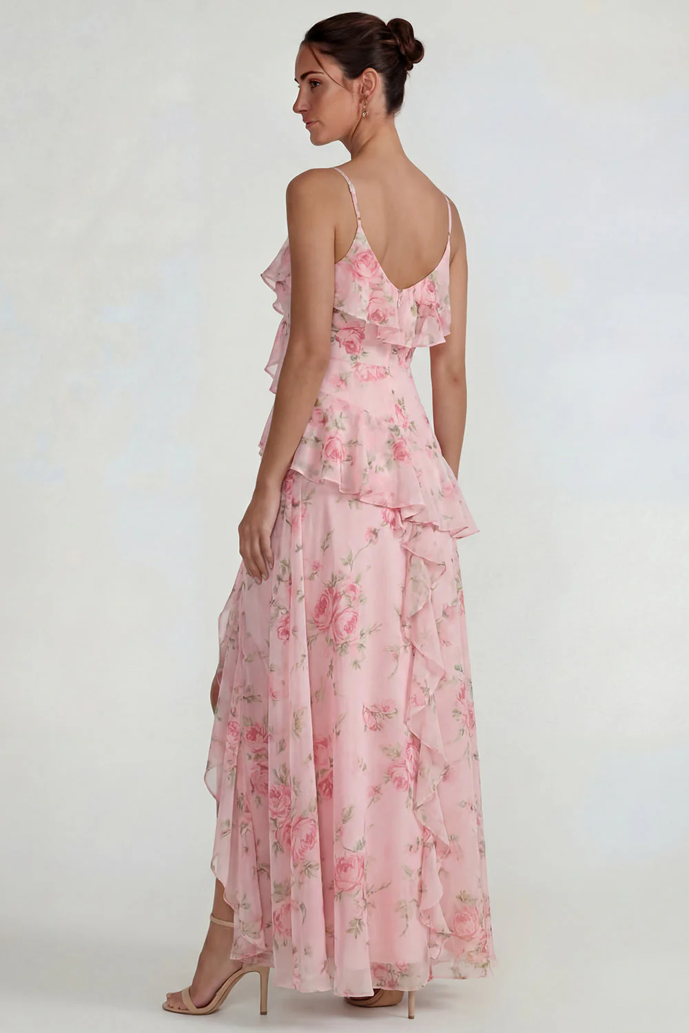 Blue Ruffled Pink Floral Chiffon A Line Midi Dress with Slit - Image 10