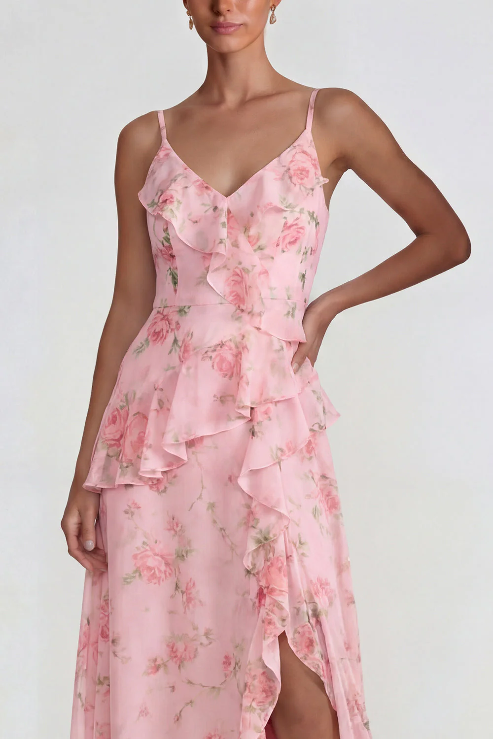 Blue Ruffled Pink Floral Chiffon A Line Midi Dress with Slit - Image 11