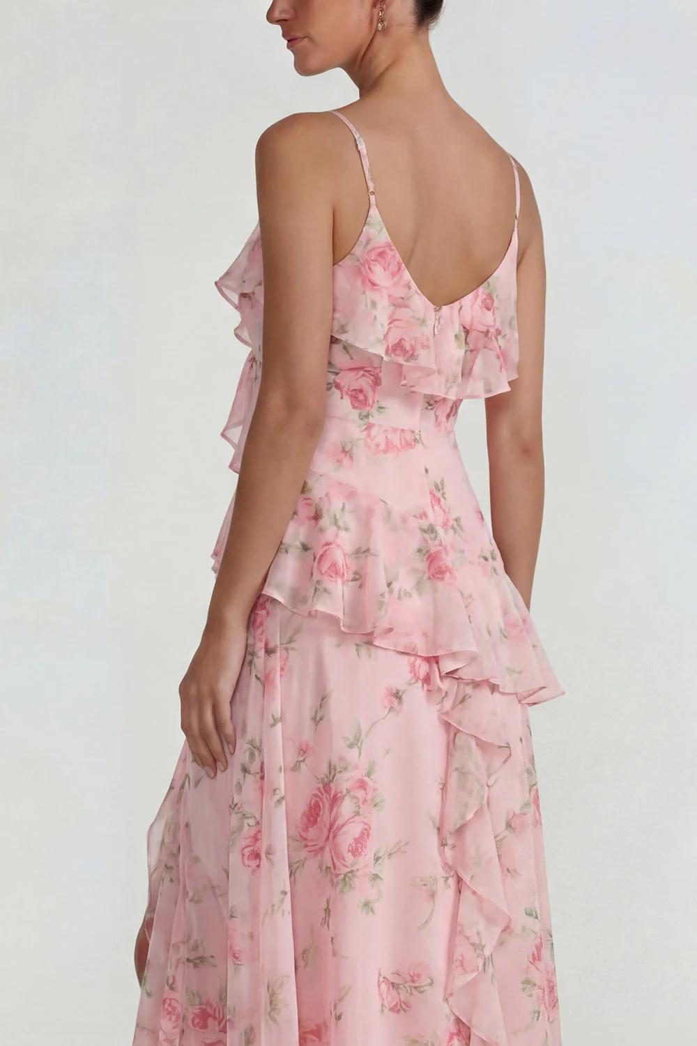 Blue Ruffled Pink Floral Chiffon A Line Midi Dress with Slit - Image 12