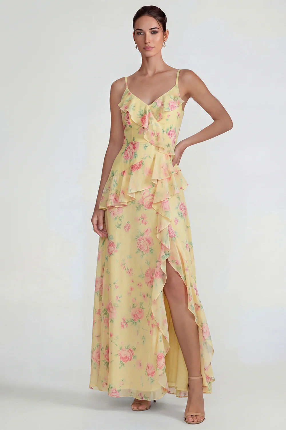 Blue Ruffled Pink Floral Chiffon A Line Midi Dress with Slit - Image 13
