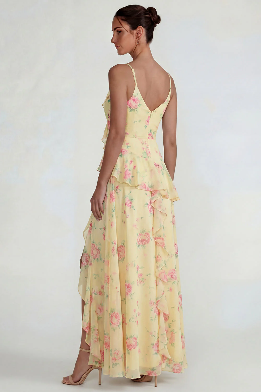 Blue Ruffled Pink Floral Chiffon A Line Midi Dress with Slit - Image 14