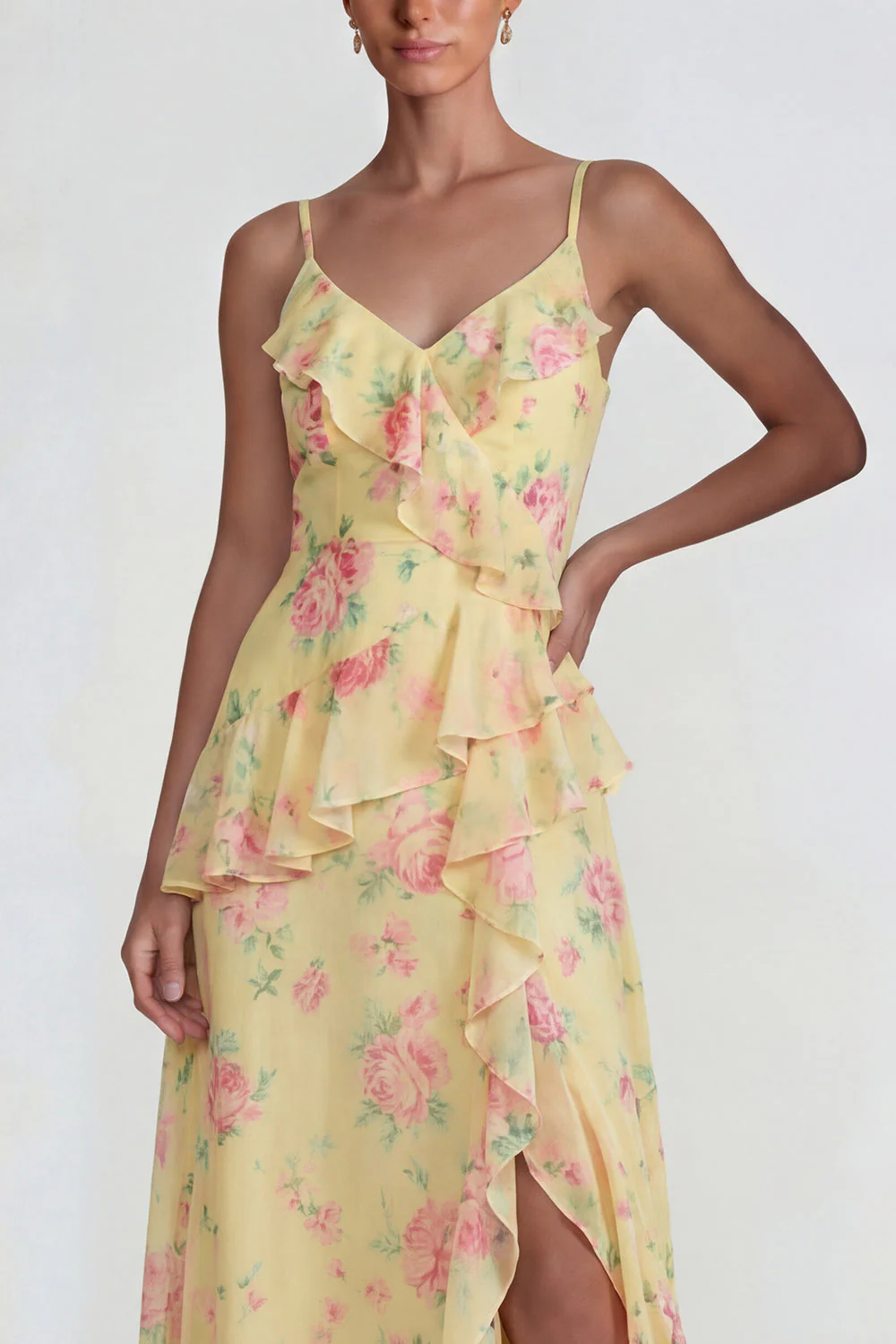 Blue Ruffled Pink Floral Chiffon A Line Midi Dress with Slit - Image 15