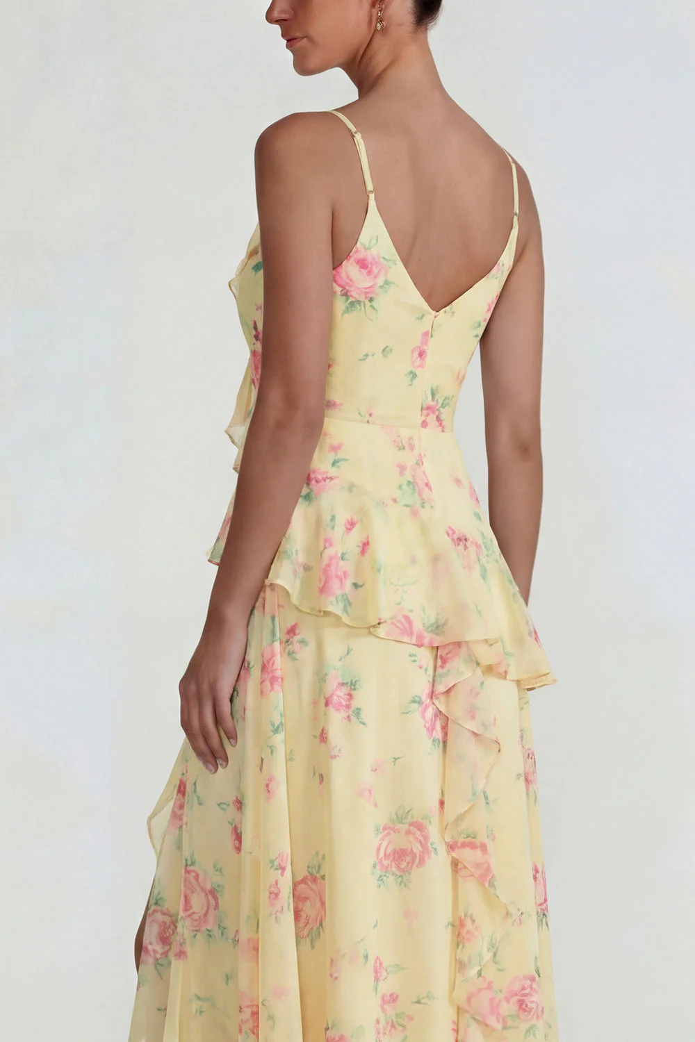 Blue Ruffled Pink Floral Chiffon A Line Midi Dress with Slit - Image 16