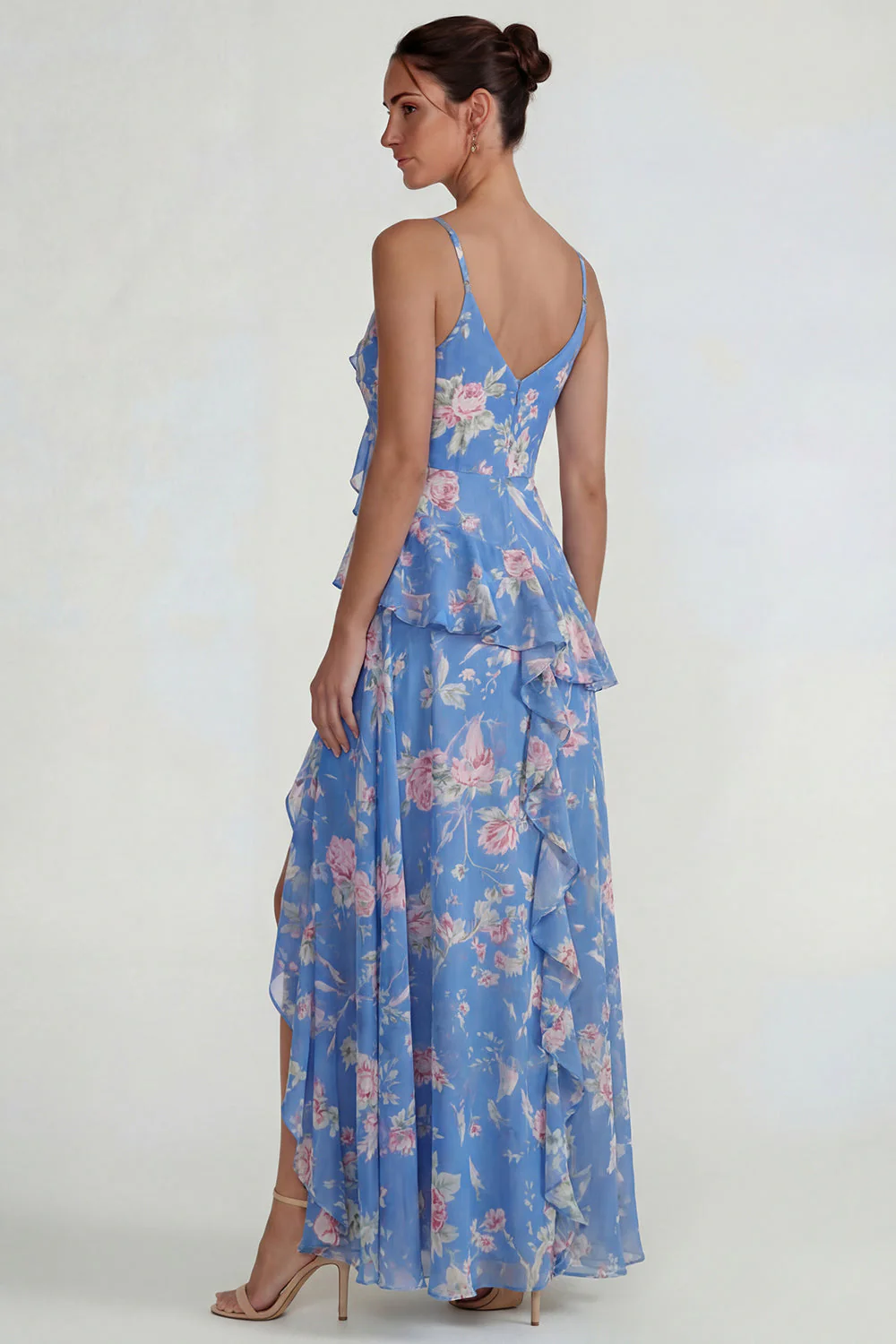 Blue Ruffled Pink Floral Chiffon A Line Midi Dress with Slit - Image 2