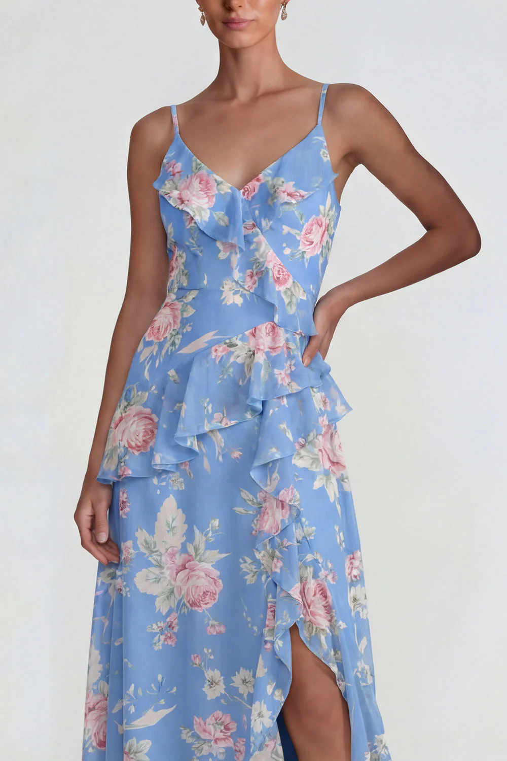 Blue Ruffled Pink Floral Chiffon A Line Midi Dress with Slit - Image 3