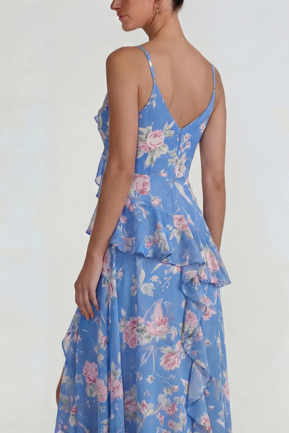 Blue Ruffled Pink Floral Chiffon A Line Midi Dress with Slit - Image 4