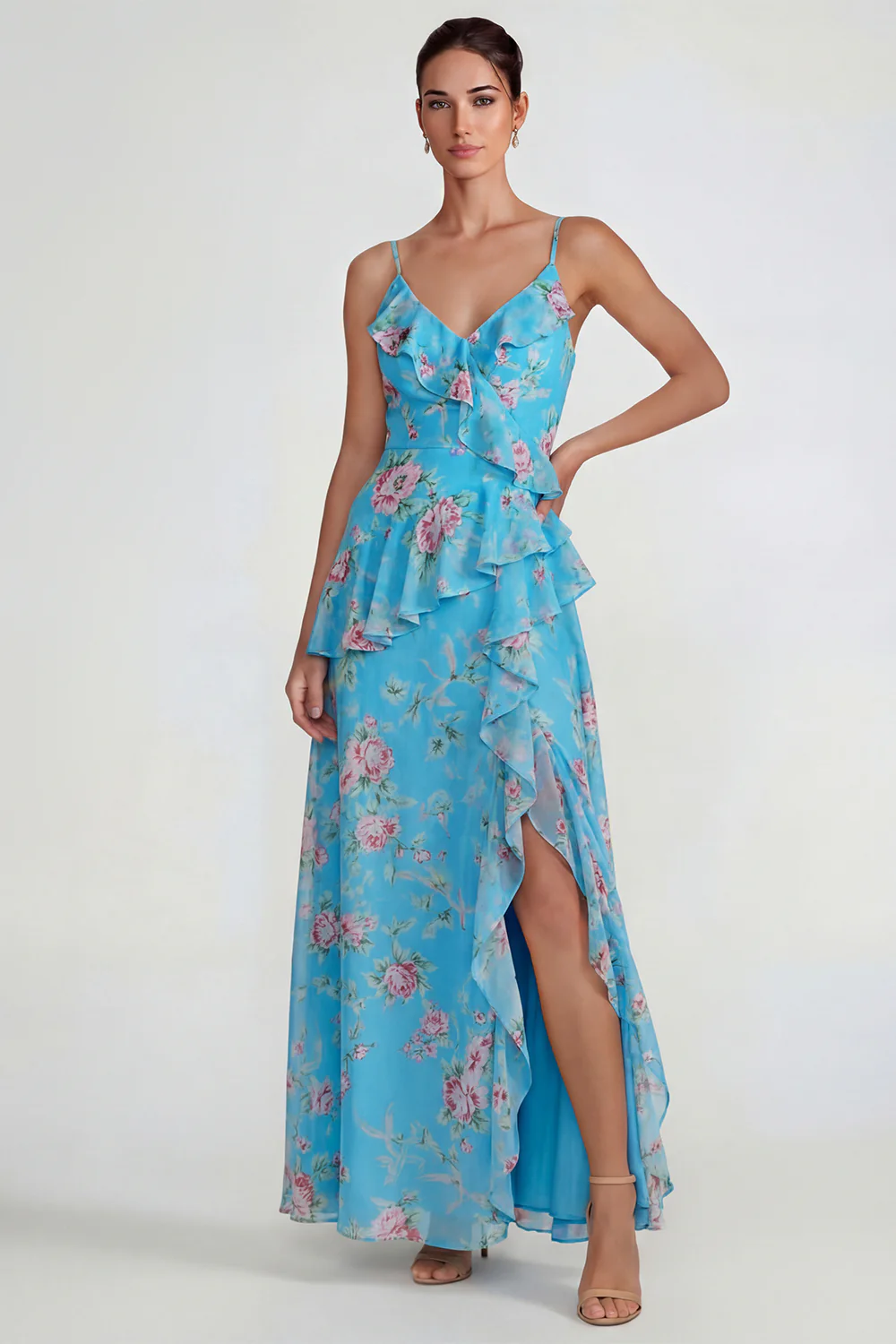 Blue Ruffled Pink Floral Chiffon A Line Midi Dress with Slit - Image 5