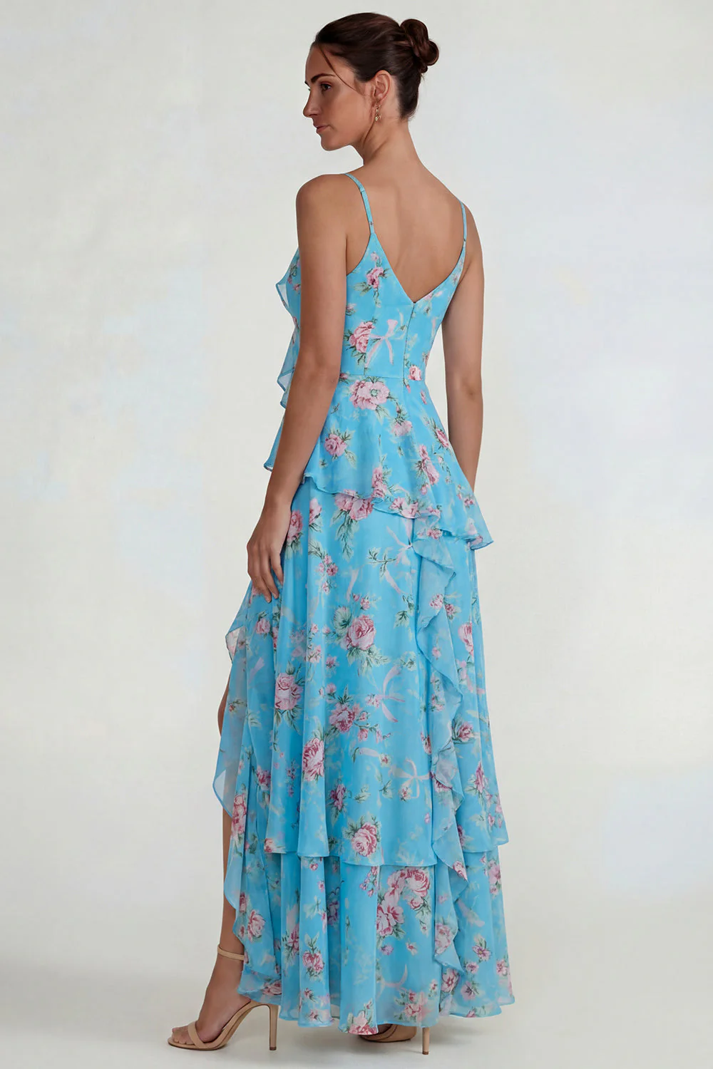 Blue Ruffled Pink Floral Chiffon A Line Midi Dress with Slit - Image 6