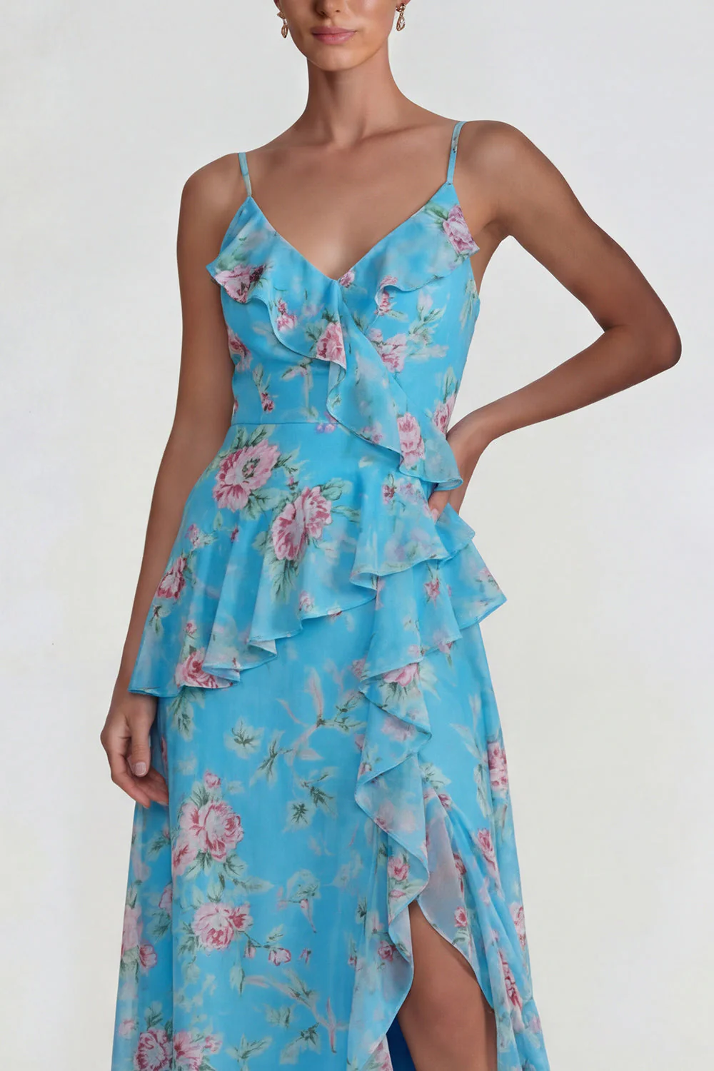 Blue Ruffled Pink Floral Chiffon A Line Midi Dress with Slit - Image 7