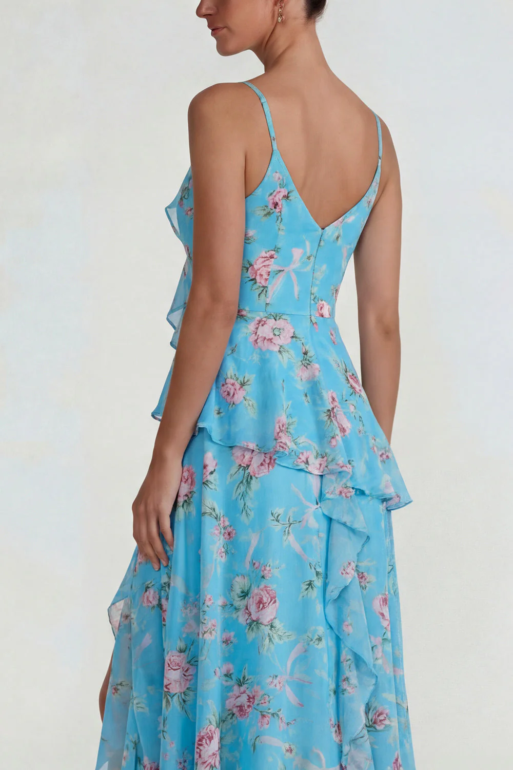 Blue Ruffled Pink Floral Chiffon A Line Midi Dress with Slit - Image 8