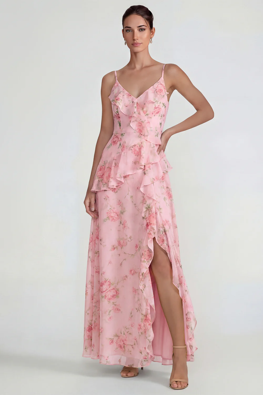 Blue Ruffled Pink Floral Chiffon A Line Midi Dress with Slit - Image 9