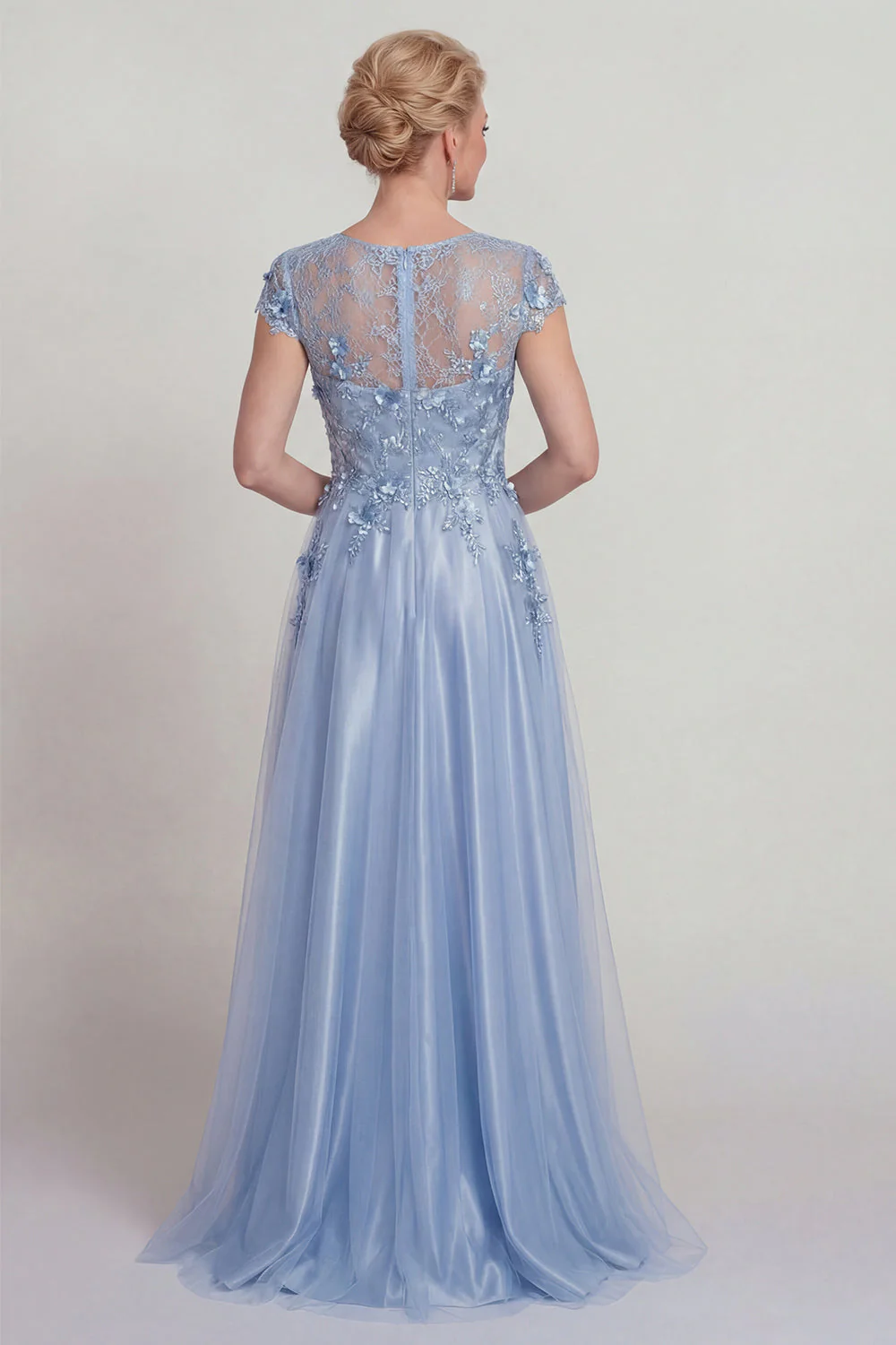 Blue Satin A Line Appliqued Lace Mother of the Bride Dress with Cap Sleeve - Image 2