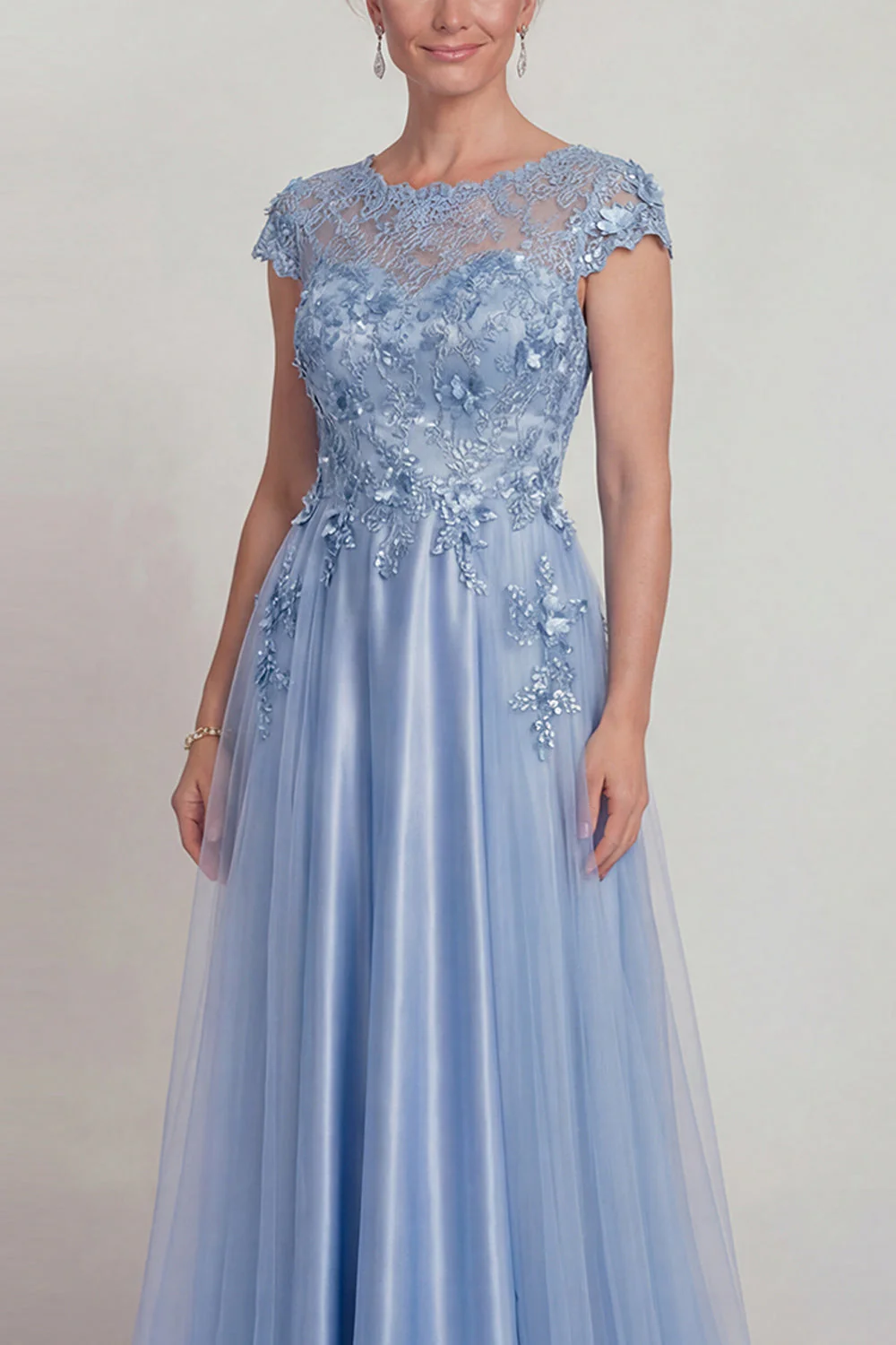 Blue Satin A Line Appliqued Lace Mother of the Bride Dress with Cap Sleeve - Image 3