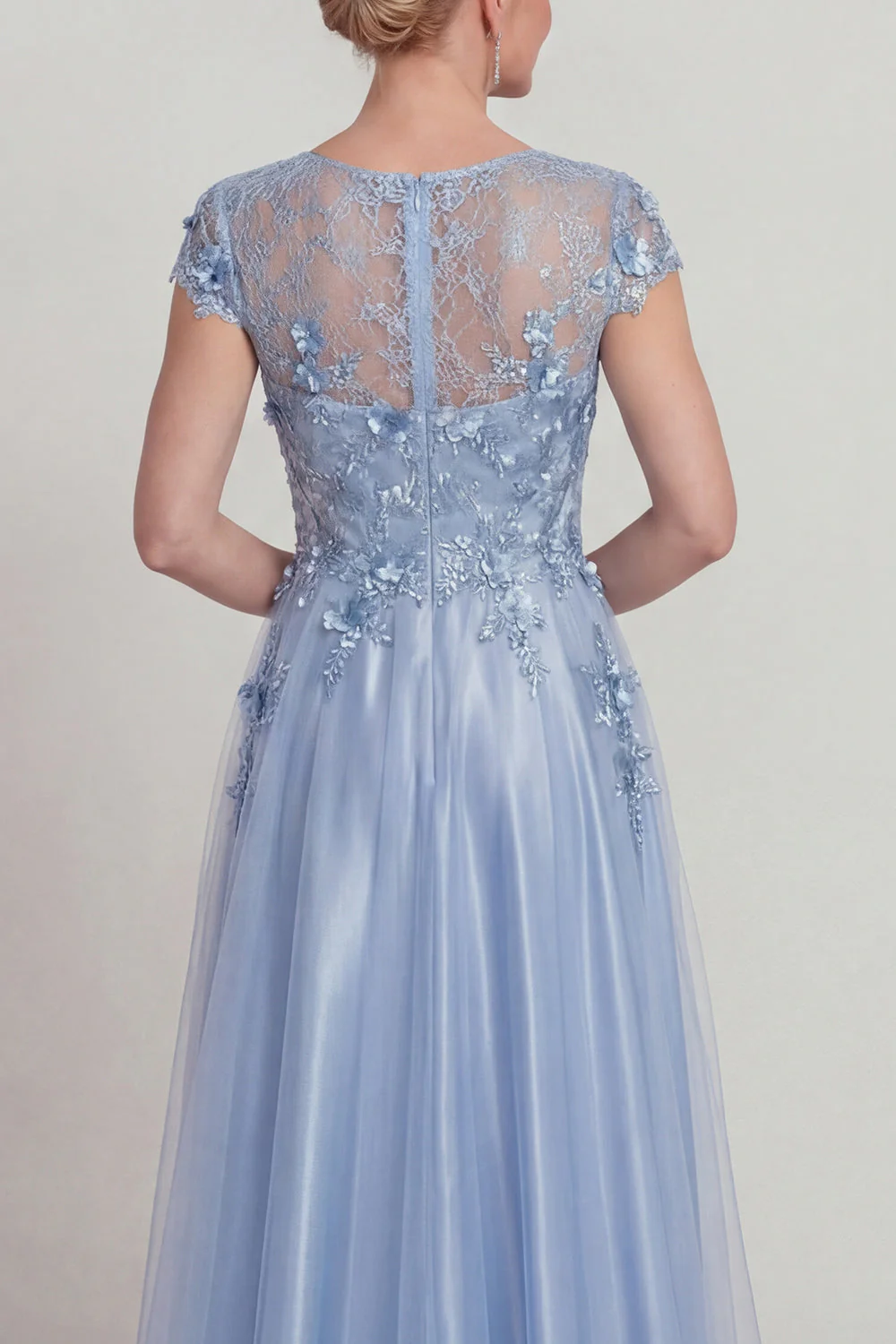 Blue Satin A Line Appliqued Lace Mother of the Bride Dress with Cap Sleeve - Image 4