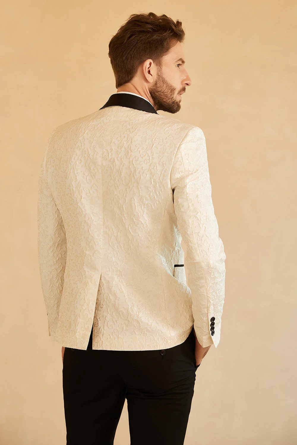 Blue Shawl Lapel Jacquard One Button Men's Prom Blazer - Image 11