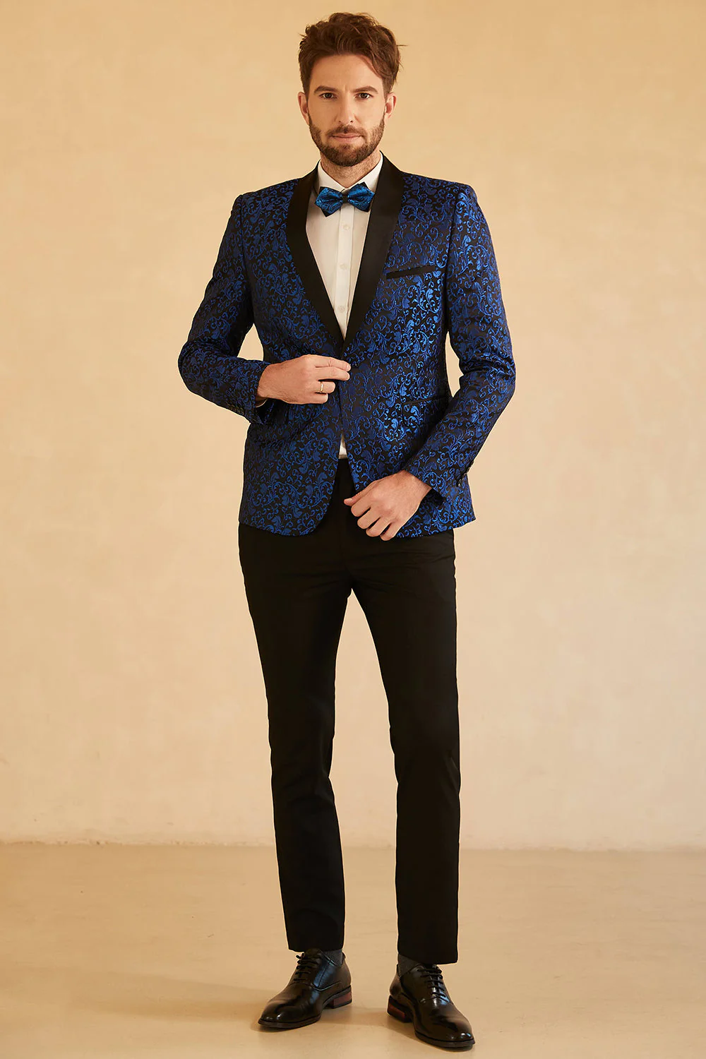 Blue Shawl Lapel Jacquard One Button Men's Prom Blazer - Image 3