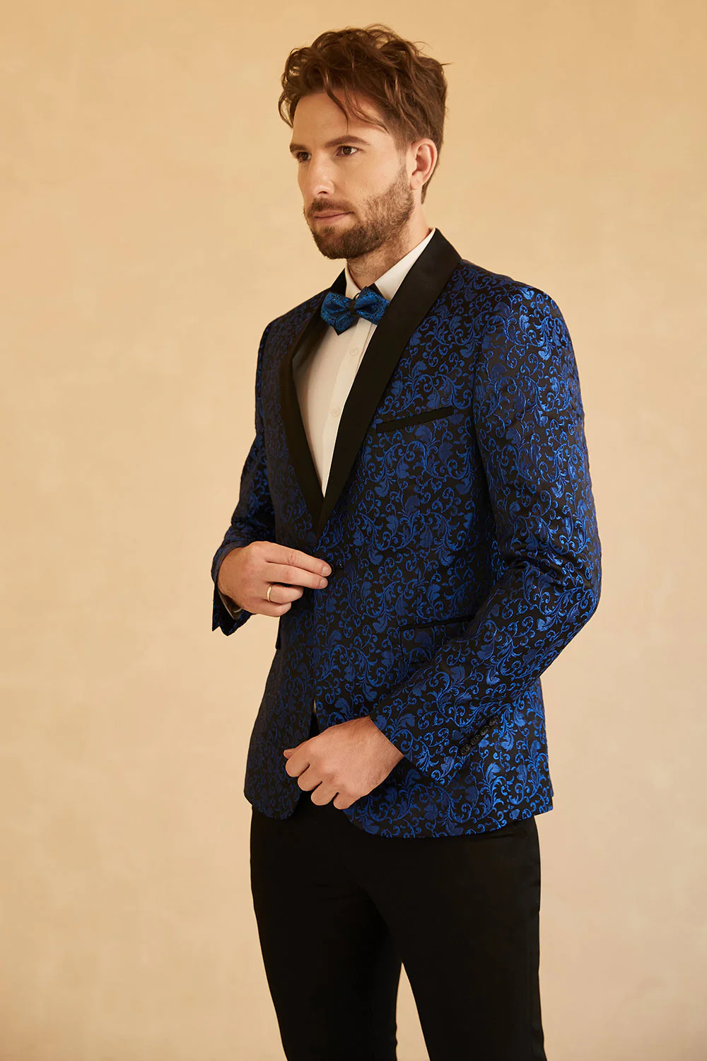 Blue Shawl Lapel Jacquard One Button Men's Prom Blazer - Image 4