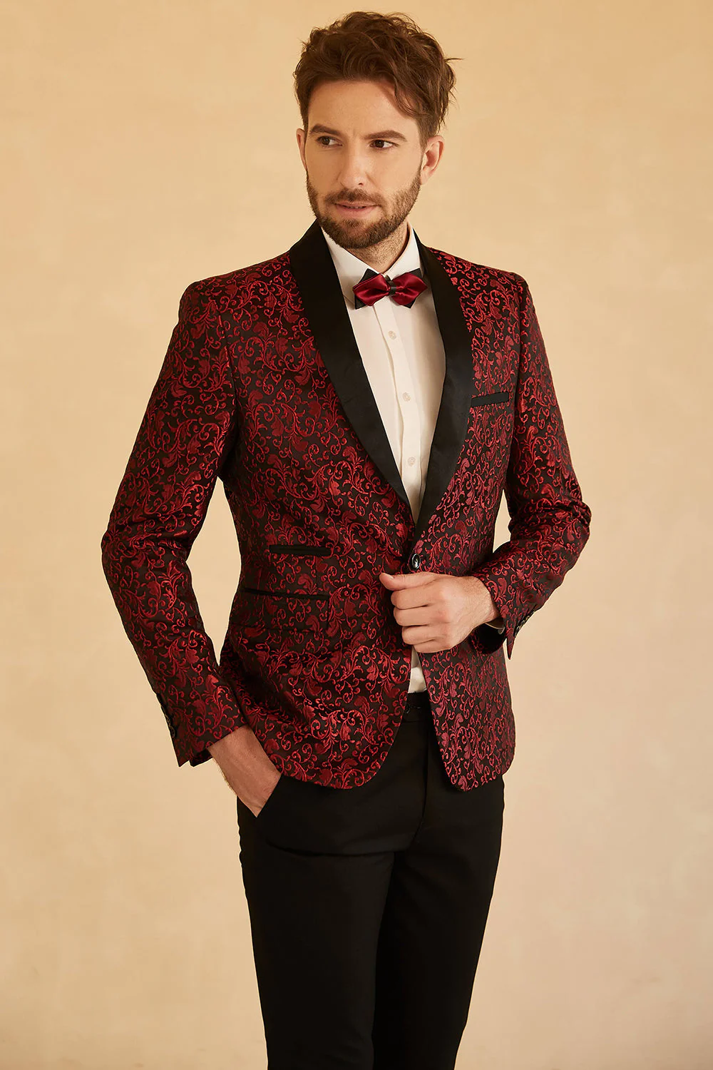Blue Shawl Lapel Jacquard One Button Men's Prom Blazer - Image 5