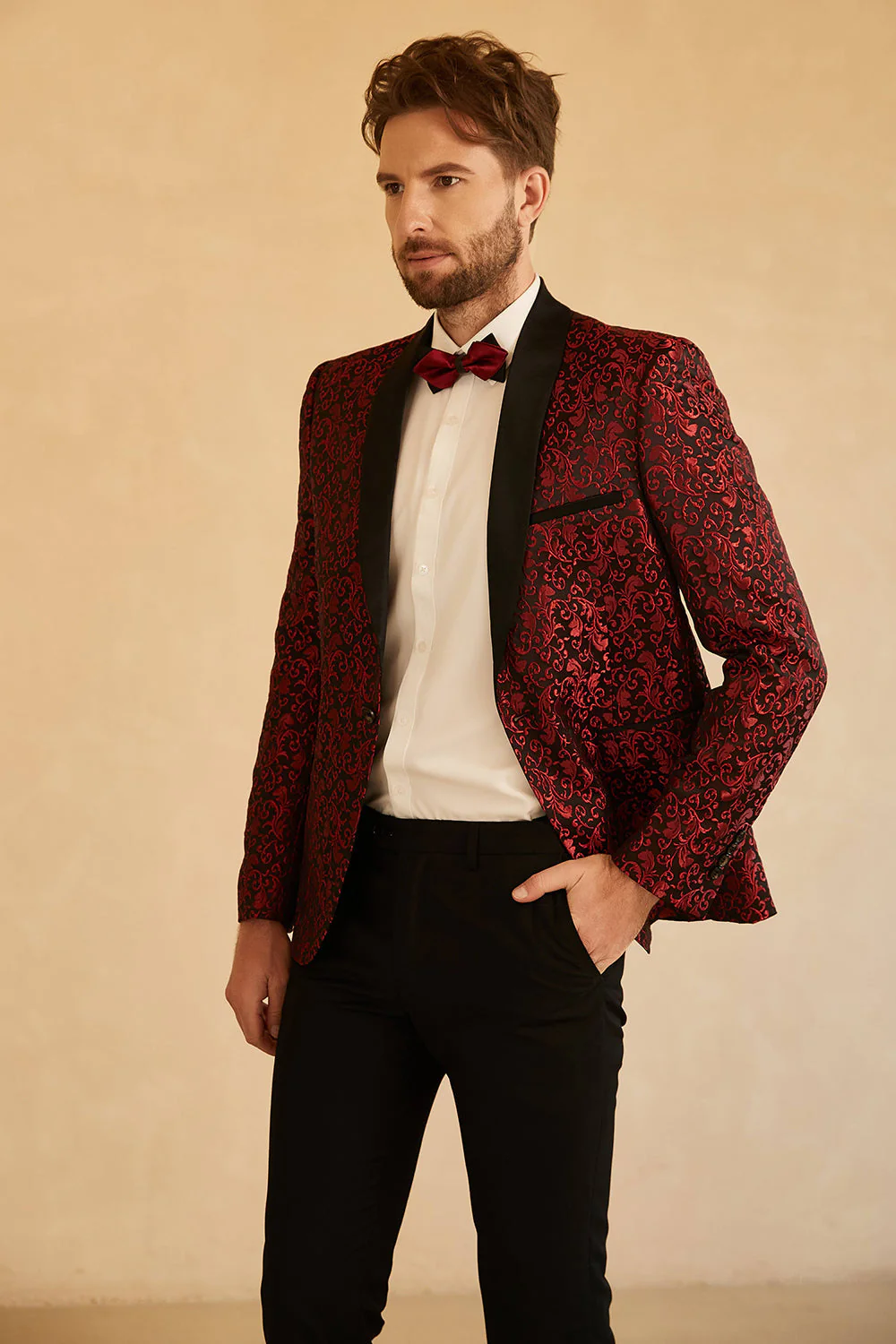 Blue Shawl Lapel Jacquard One Button Men's Prom Blazer - Image 7