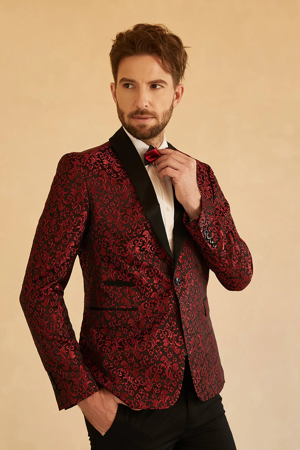 Blue Shawl Lapel Jacquard One Button Men's Prom Blazer - Image 8