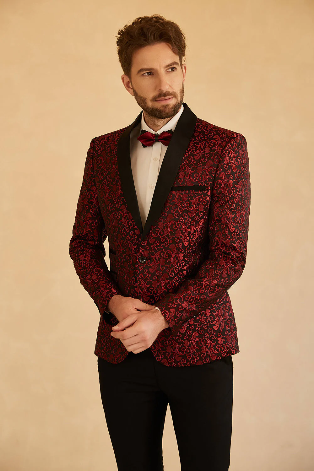 Blue Shawl Lapel Jacquard One Button Men's Prom Blazer - Image 9