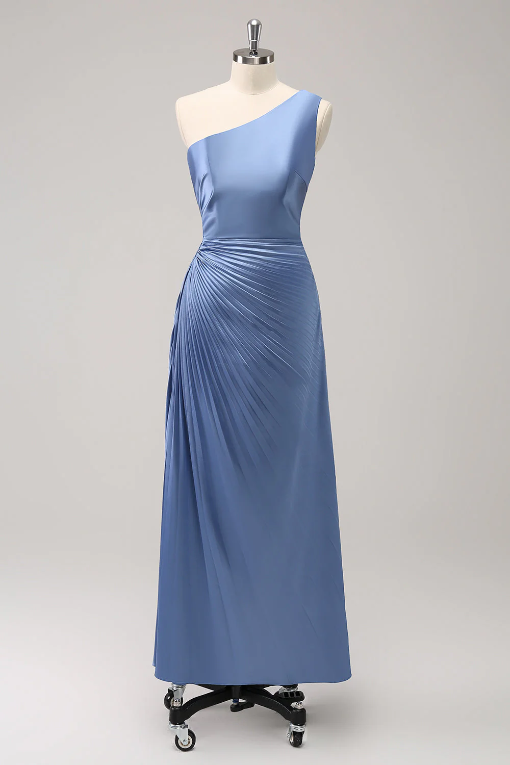 Blue Sheath One Shoulder Satin Keyhole Long Bridesmaid Dress - Image 3