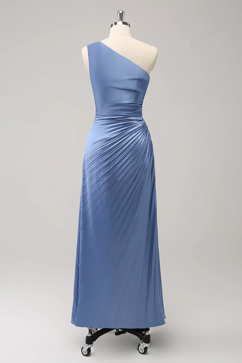 Blue Sheath One Shoulder Satin Keyhole Long Bridesmaid Dress - Image 4