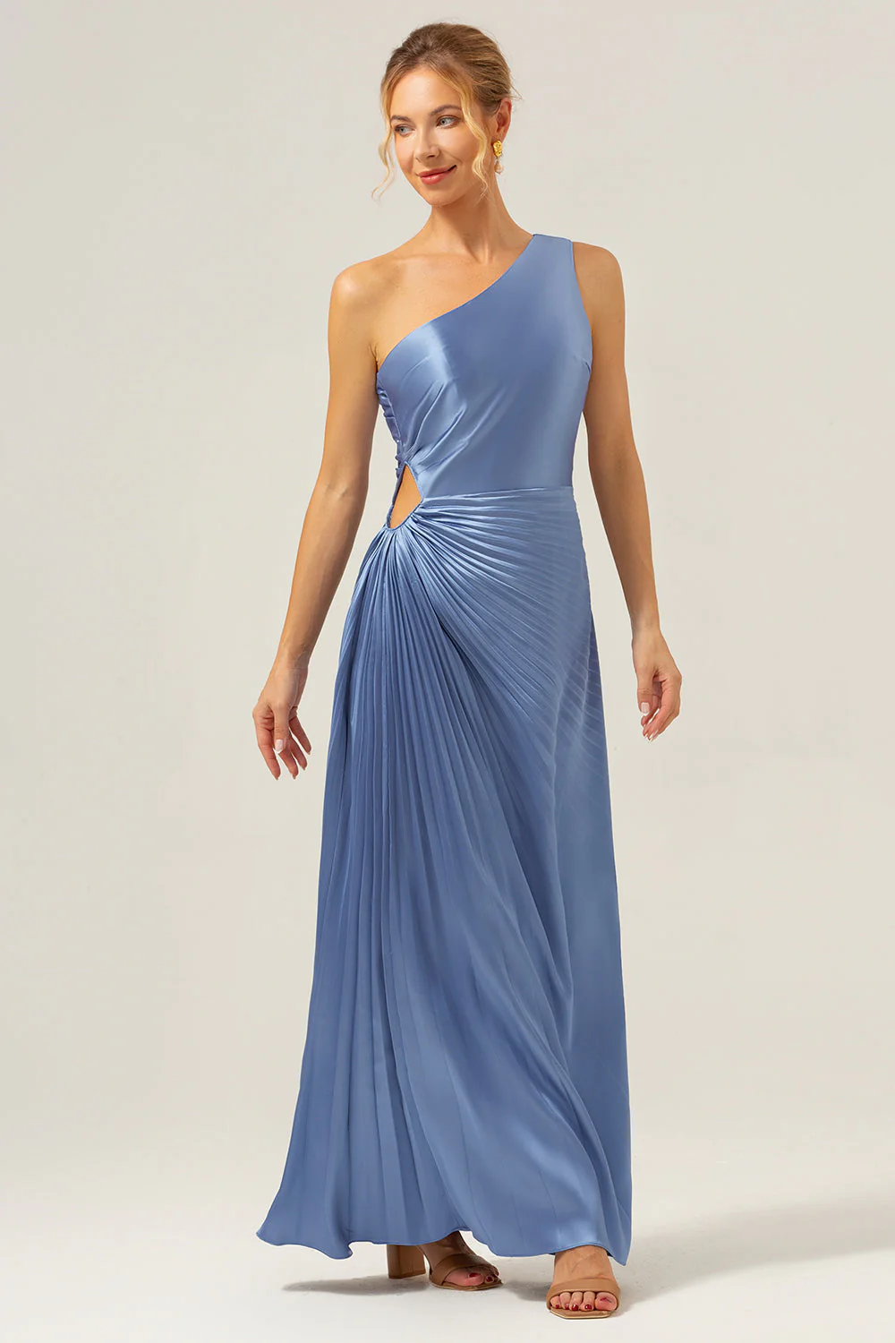 Blue Sheath One Shoulder Satin Keyhole Long Bridesmaid Dress - Image 5