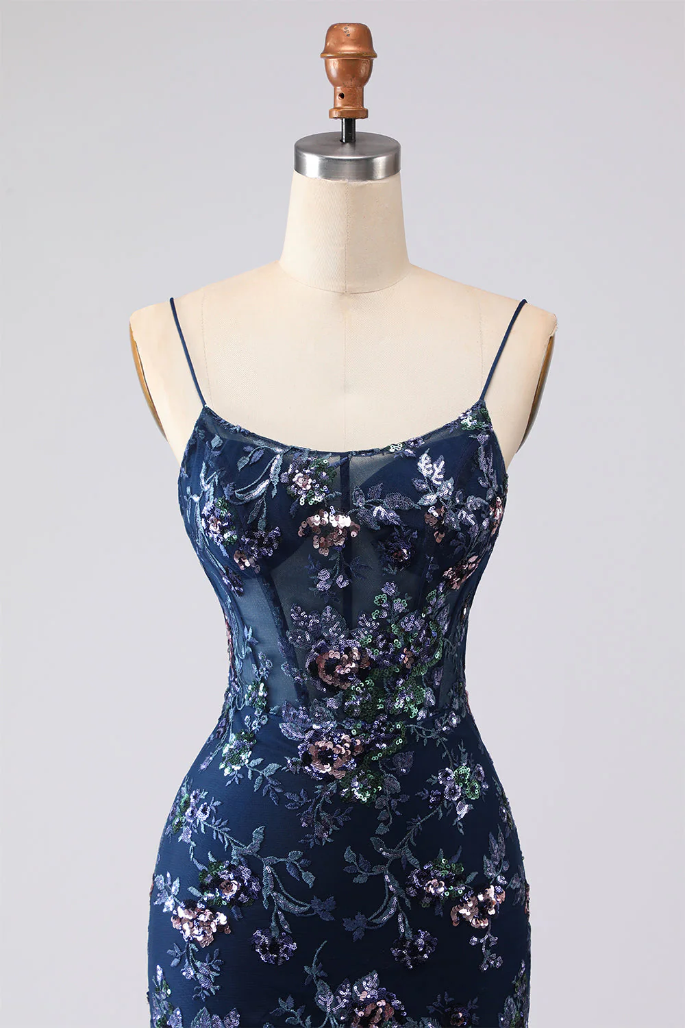 Blue Sheer Corset Mermaid Embroidered Long Prom Dress with Lace Up Open Back - Image 12