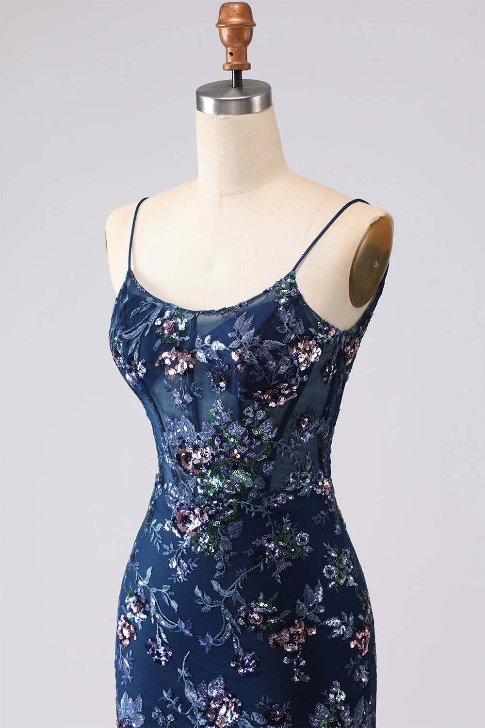 Blue Sheer Corset Mermaid Embroidered Long Prom Dress with Lace Up Open Back - Image 14
