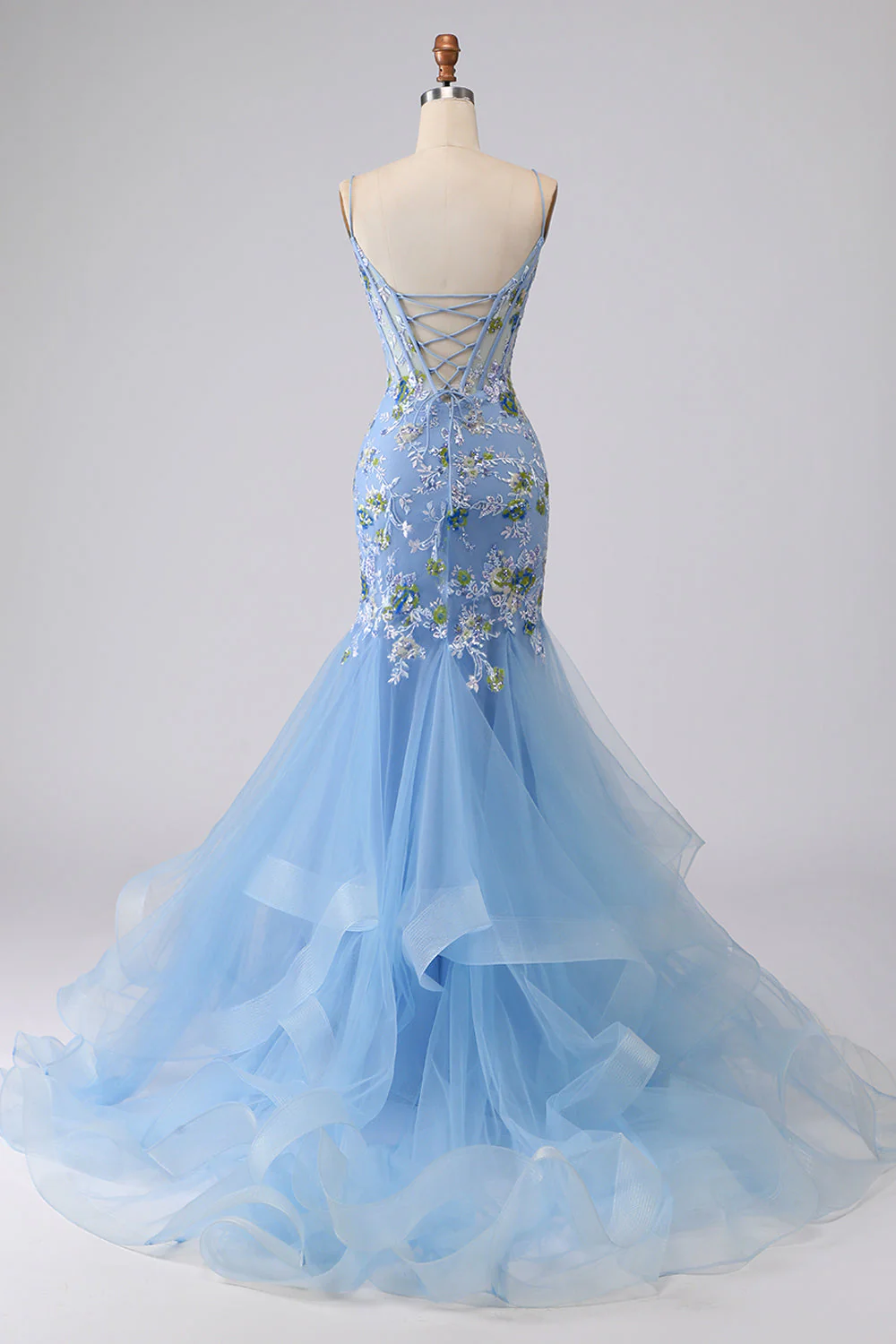 Blue Sheer Corset Mermaid Embroidered Long Prom Dress with Lace Up Open Back - Image 2