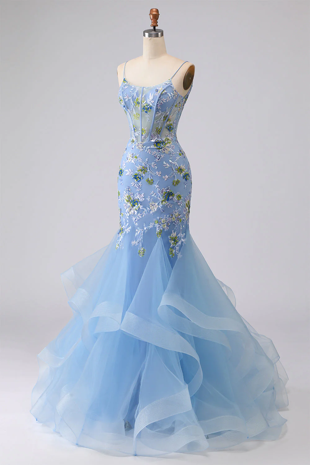 Blue Sheer Corset Mermaid Embroidered Long Prom Dress with Lace Up Open Back - Image 3