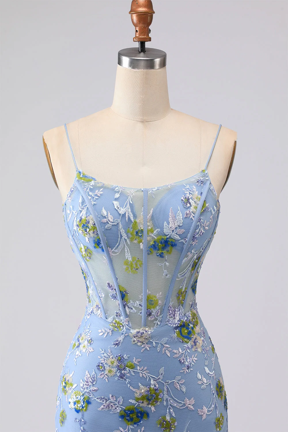 Blue Sheer Corset Mermaid Embroidered Long Prom Dress with Lace Up Open Back - Image 4