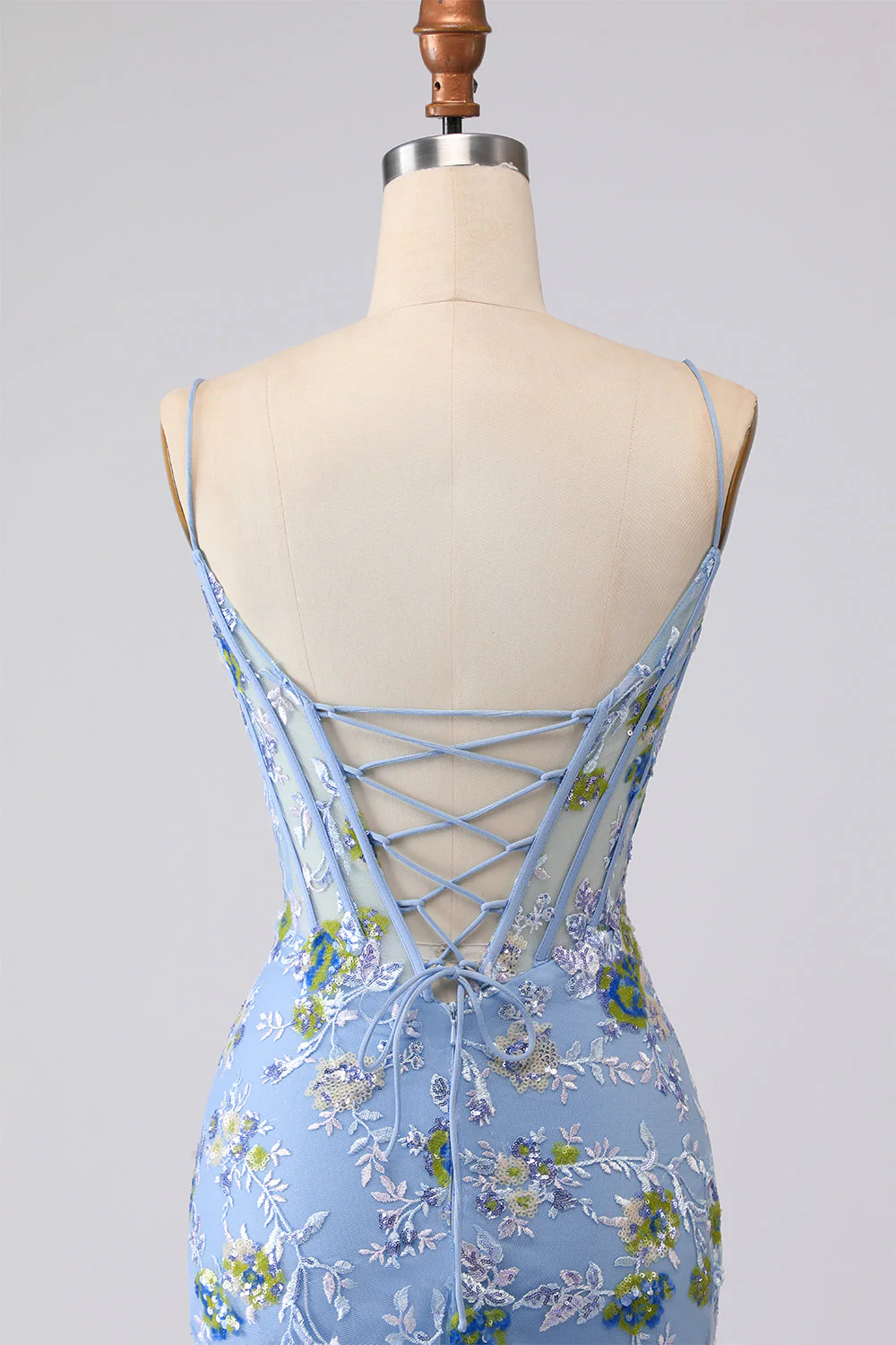 Blue Sheer Corset Mermaid Embroidered Long Prom Dress with Lace Up Open Back - Image 5