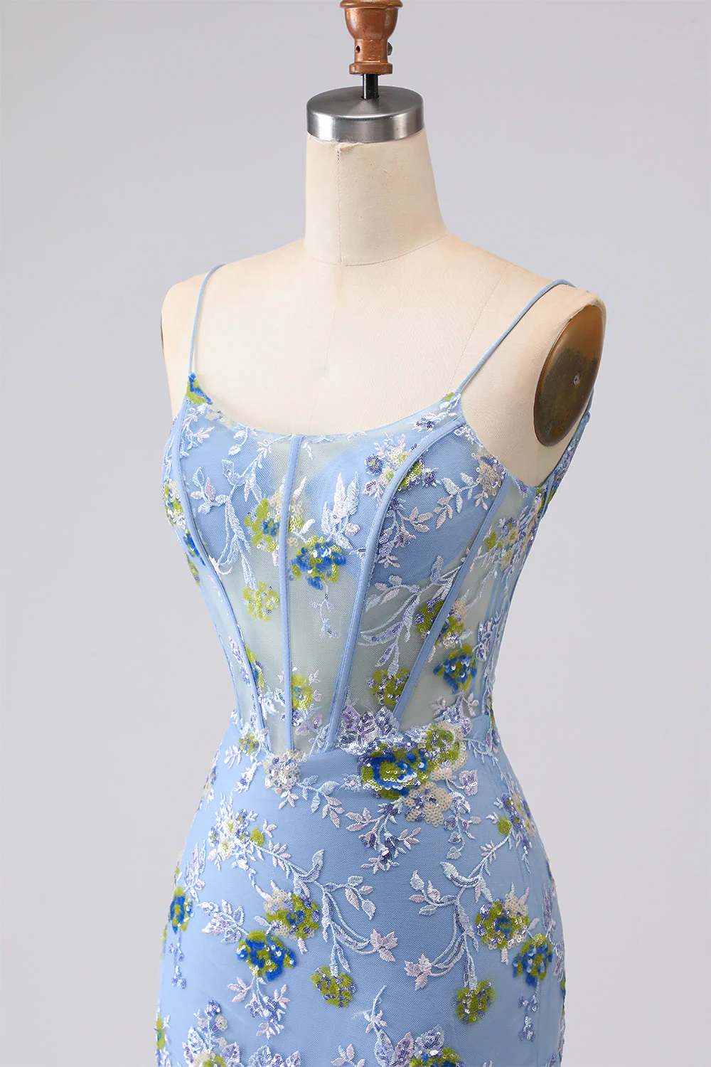 Blue Sheer Corset Mermaid Embroidered Long Prom Dress with Lace Up Open Back - Image 6