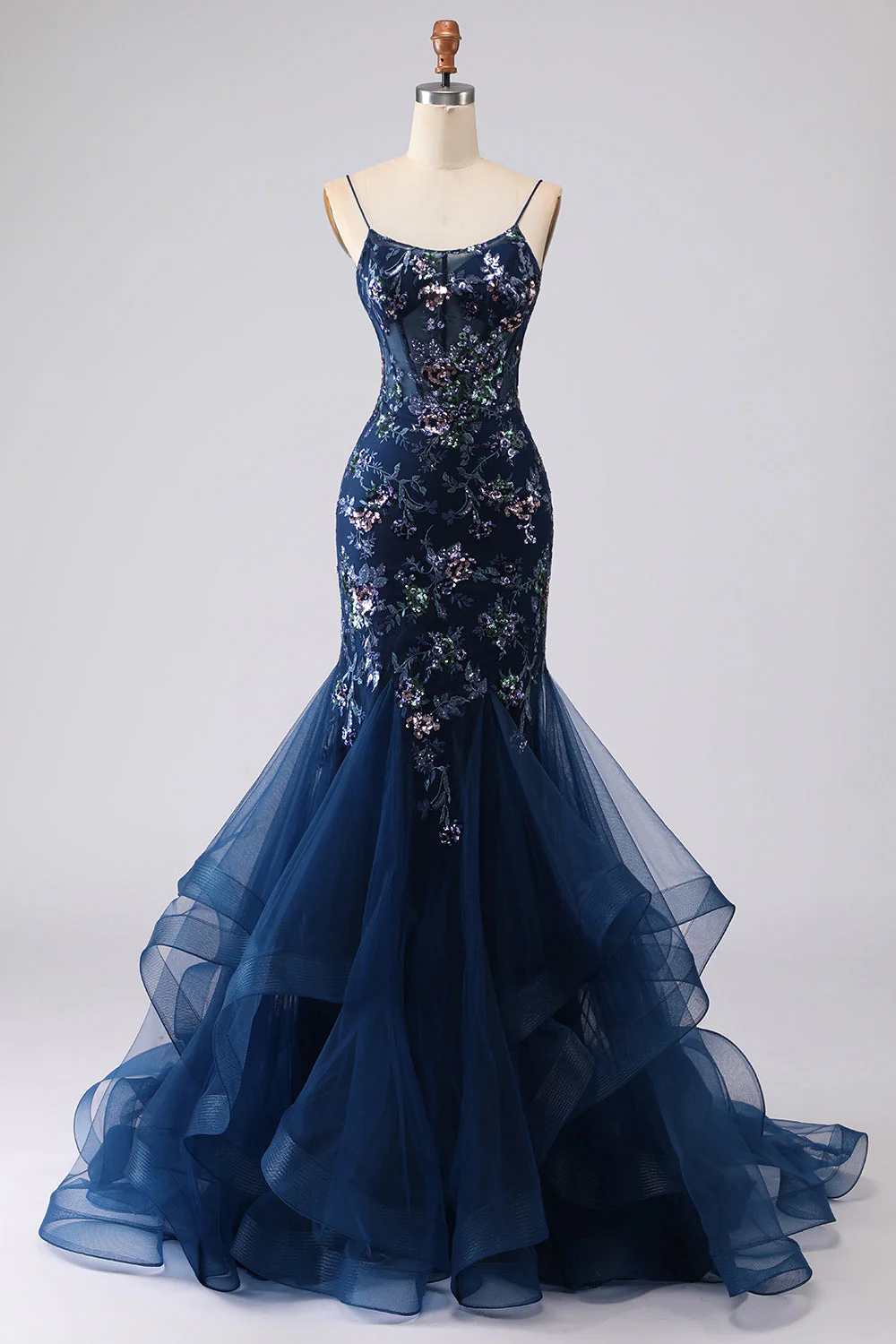 Blue Sheer Corset Mermaid Embroidered Long Prom Dress with Lace Up Open Back - Image 7