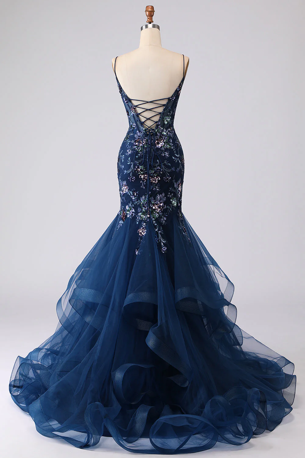 Blue Sheer Corset Mermaid Embroidered Long Prom Dress with Lace Up Open Back - Image 8