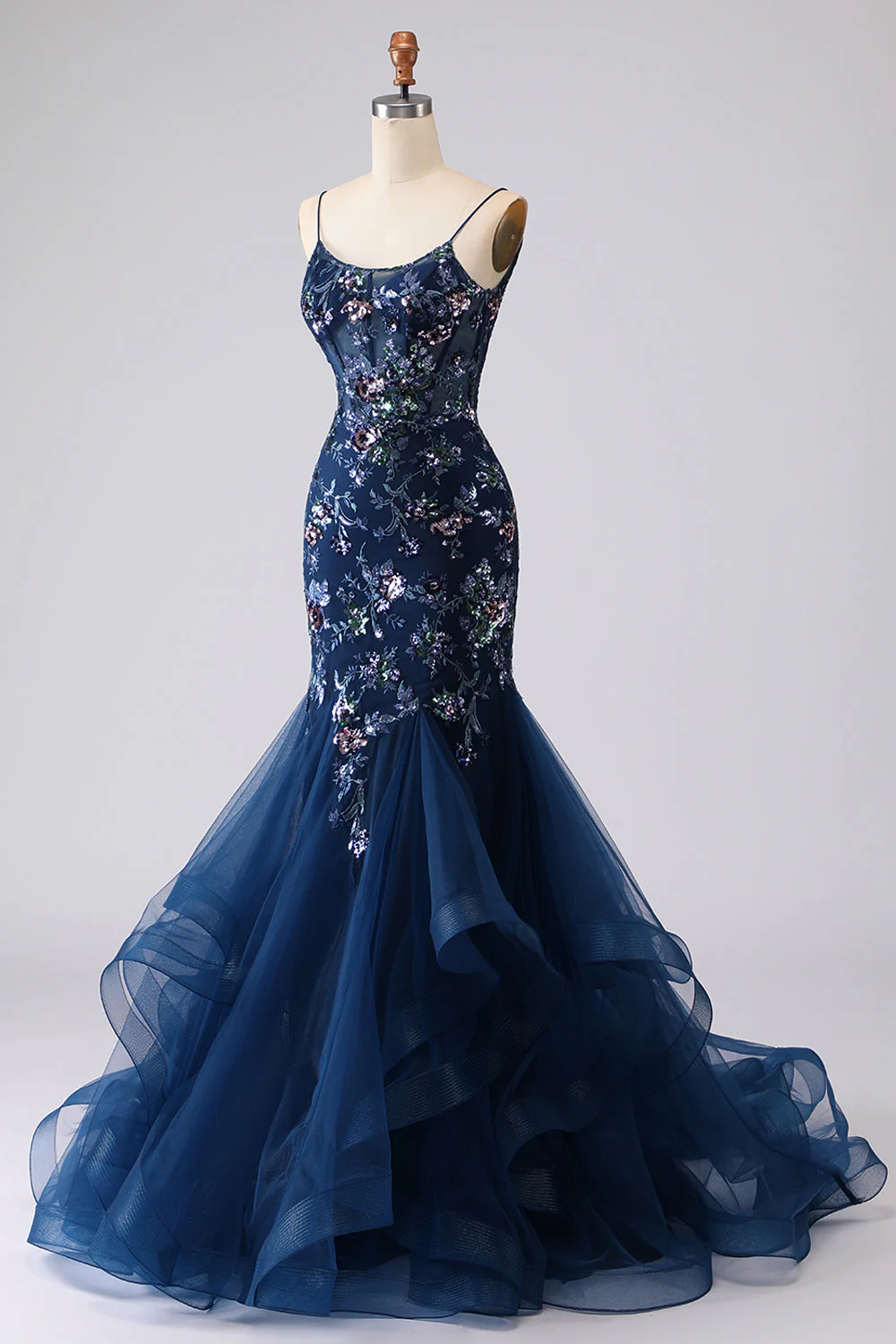 Blue Sheer Corset Mermaid Embroidered Long Prom Dress with Lace Up Open Back - Image 9