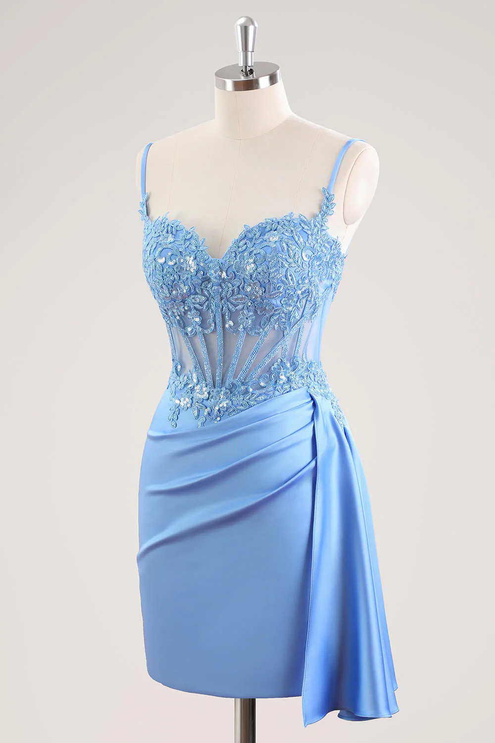 Blue Spaghetti Straps Corset Floral Tight Short Graduation Dress - Image 3