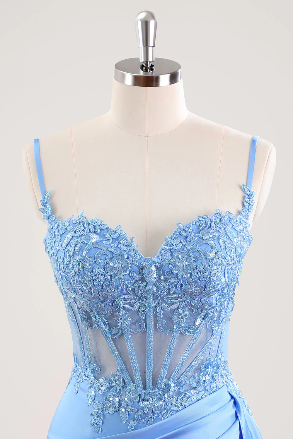 Blue Spaghetti Straps Corset Floral Tight Short Graduation Dress - Image 4