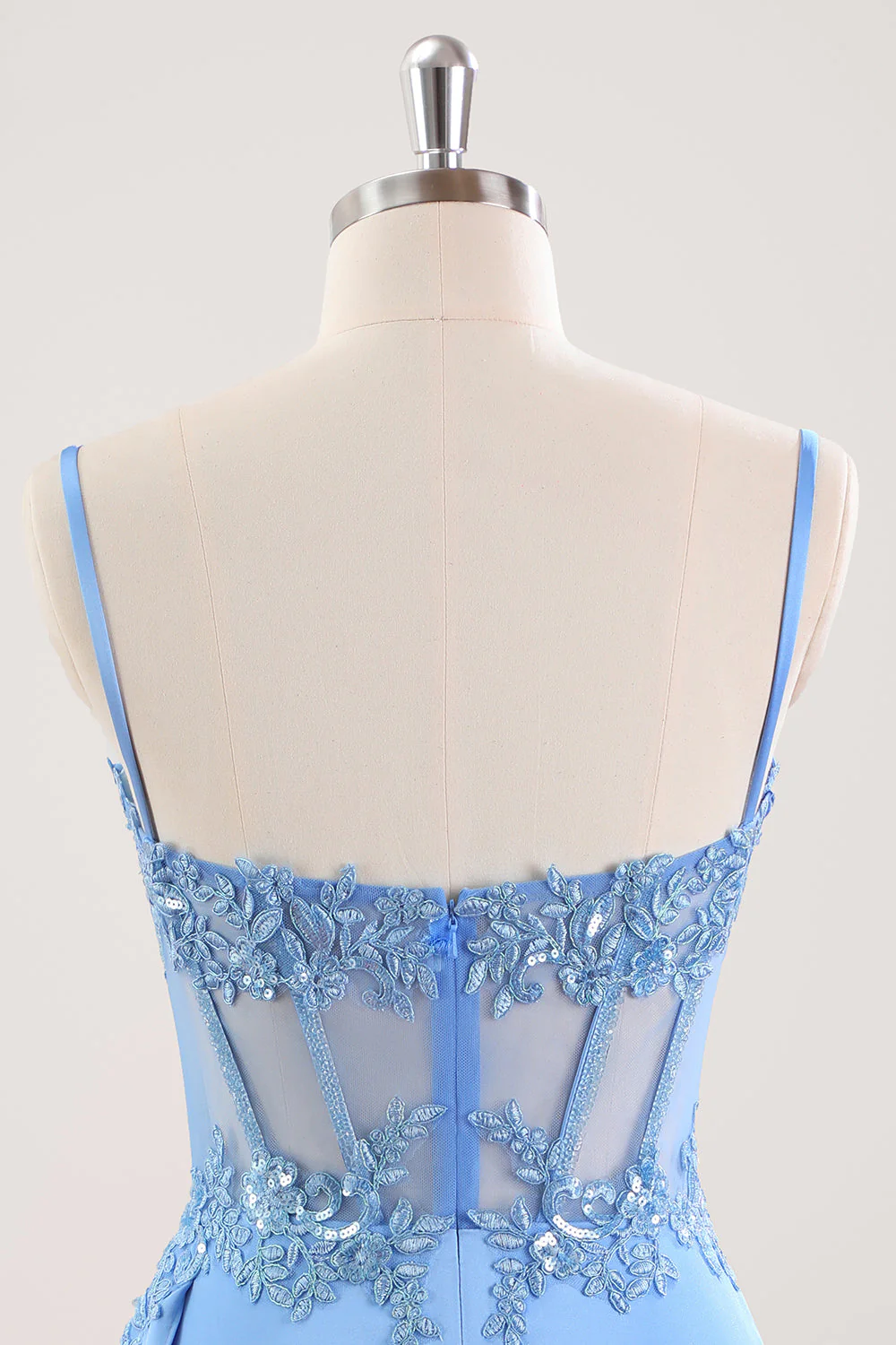 Blue Spaghetti Straps Corset Floral Tight Short Graduation Dress - Image 5