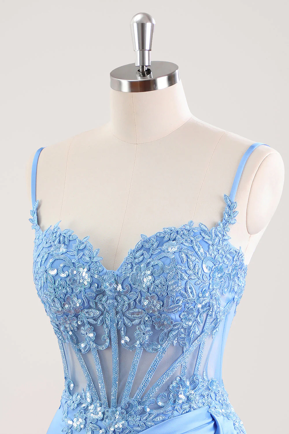 Blue Spaghetti Straps Corset Floral Tight Short Graduation Dress - Image 6