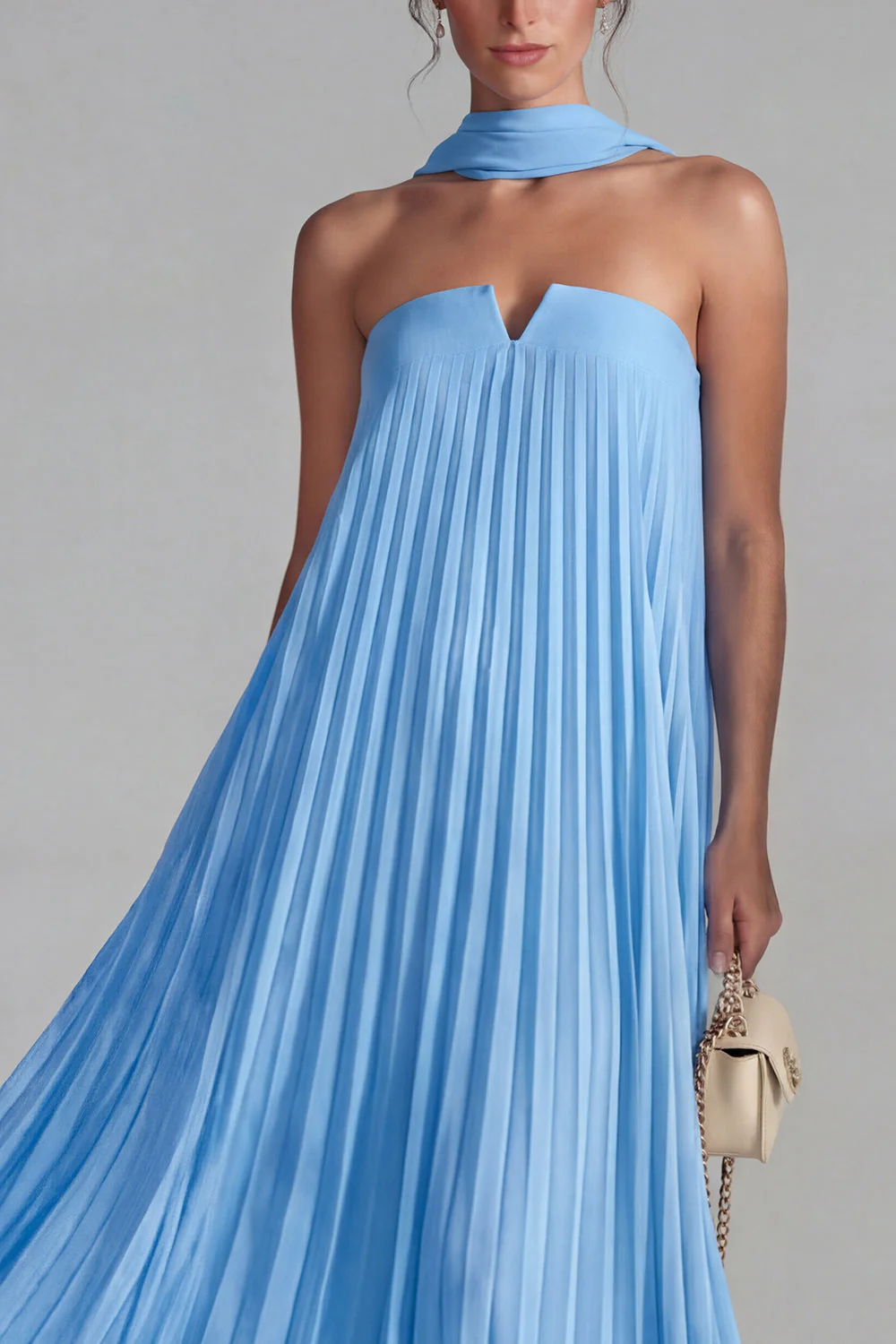 Strapless Blue Pleated A Line Maxi Dress with a Neck Scarf - Image 3