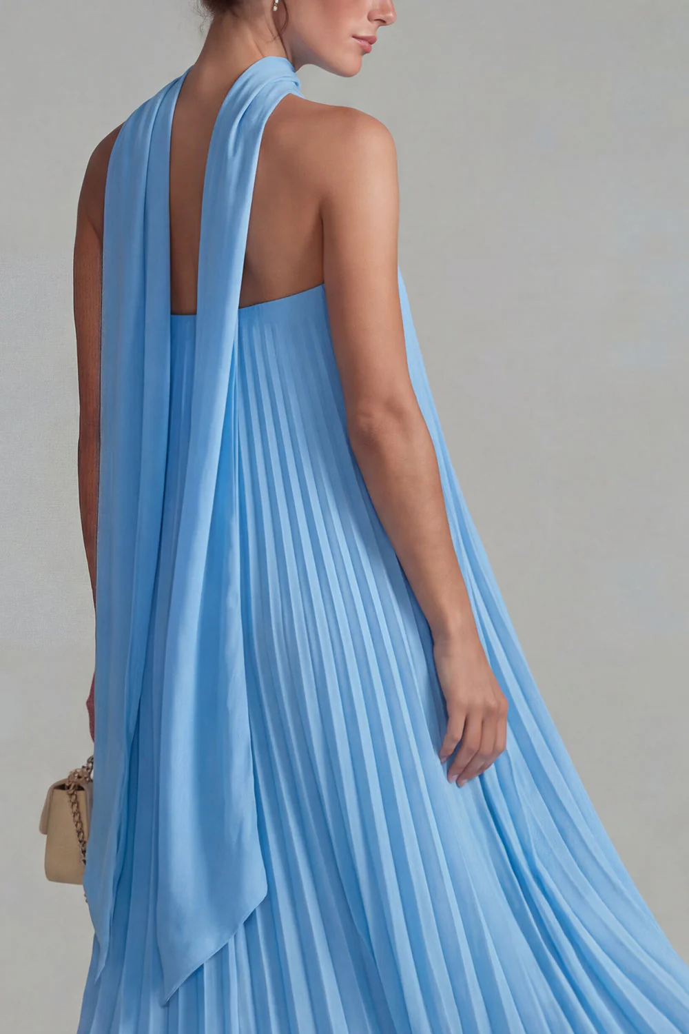 Strapless Blue Pleated A Line Maxi Dress with a Neck Scarf - Image 4