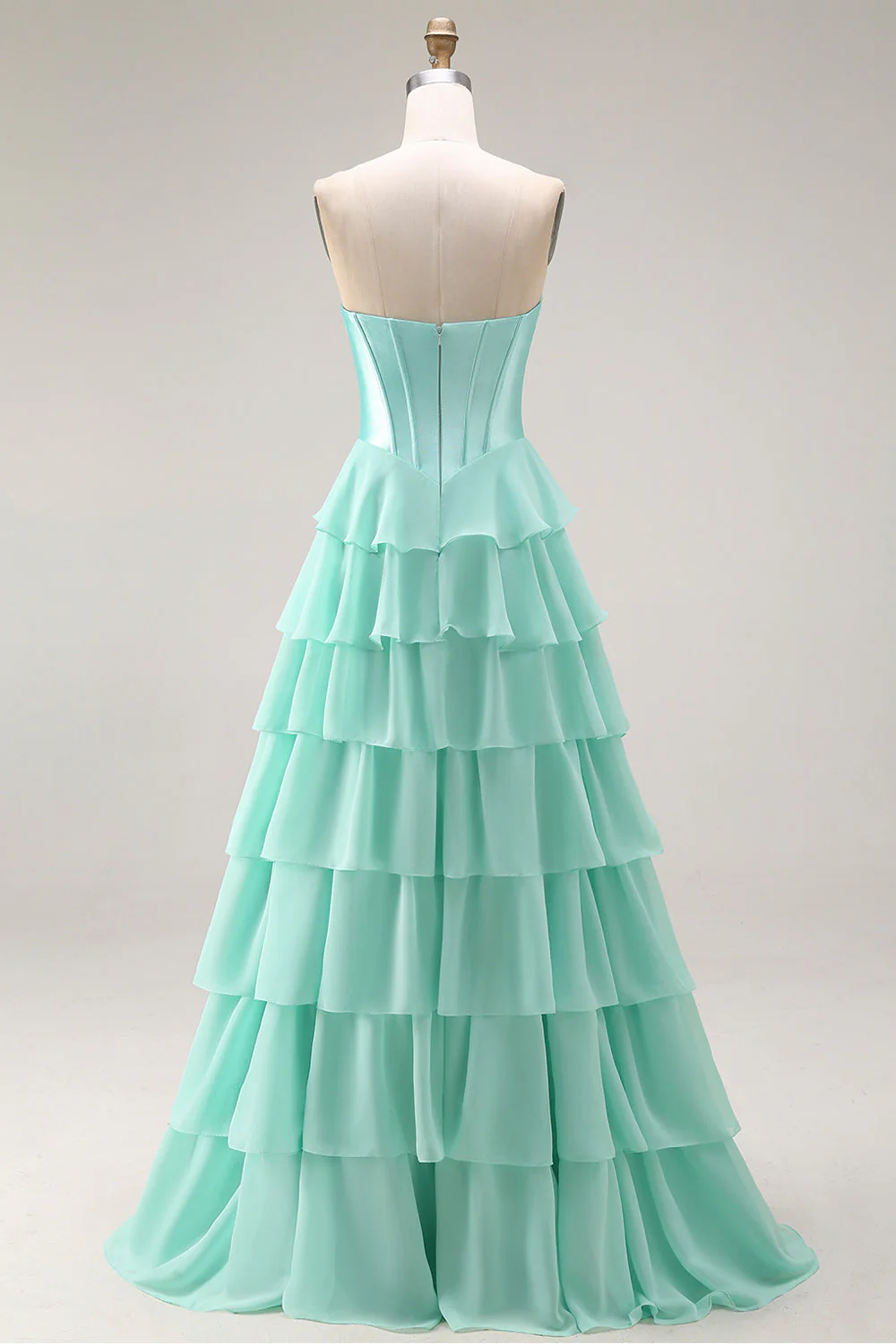 Blue Strapless Corset A-Line Tiered Ruffled Long Prom Dress with Slit - Image 10