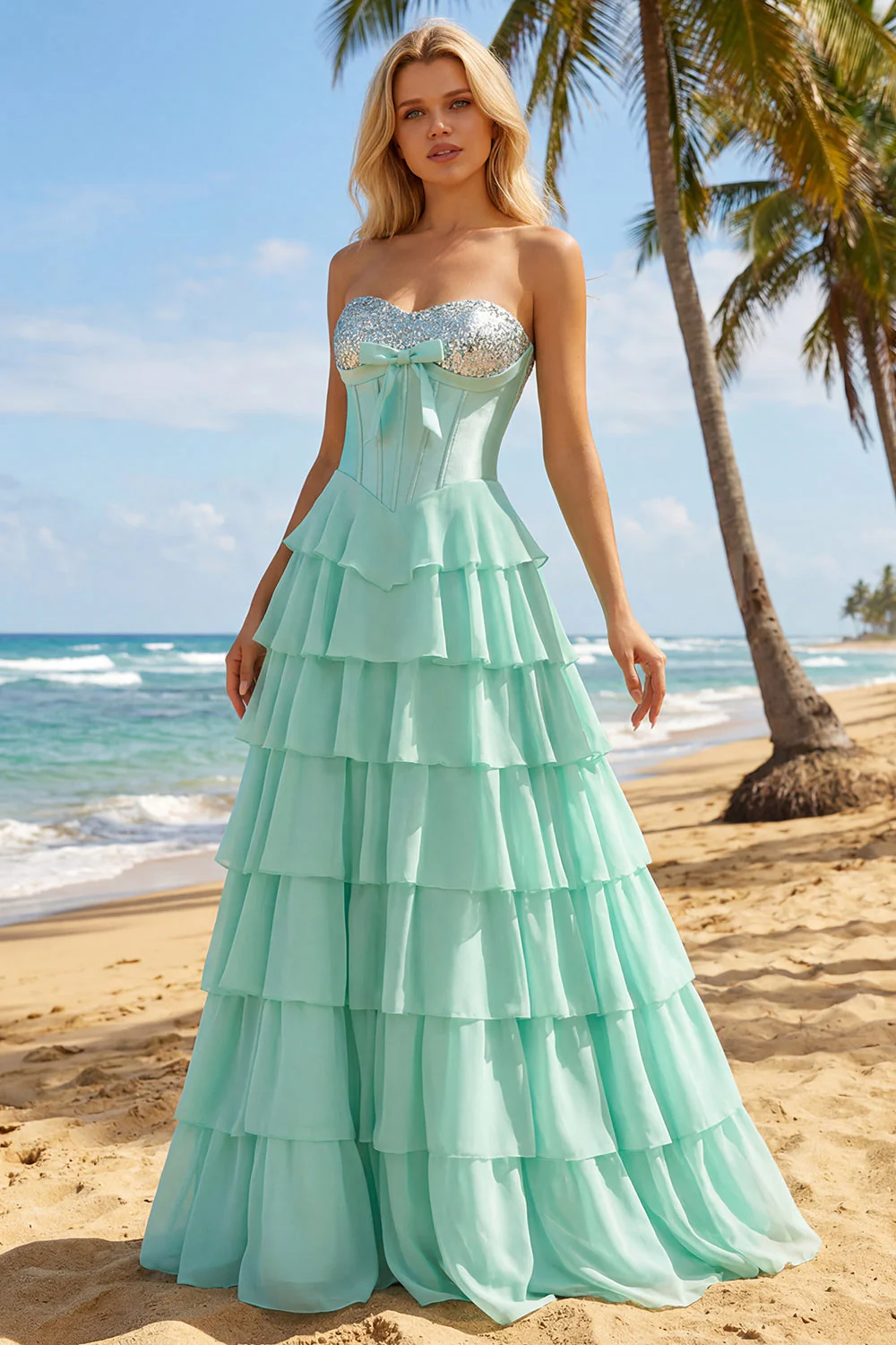 Blue Strapless Corset A-Line Tiered Ruffled Long Prom Dress with Slit - Image 11