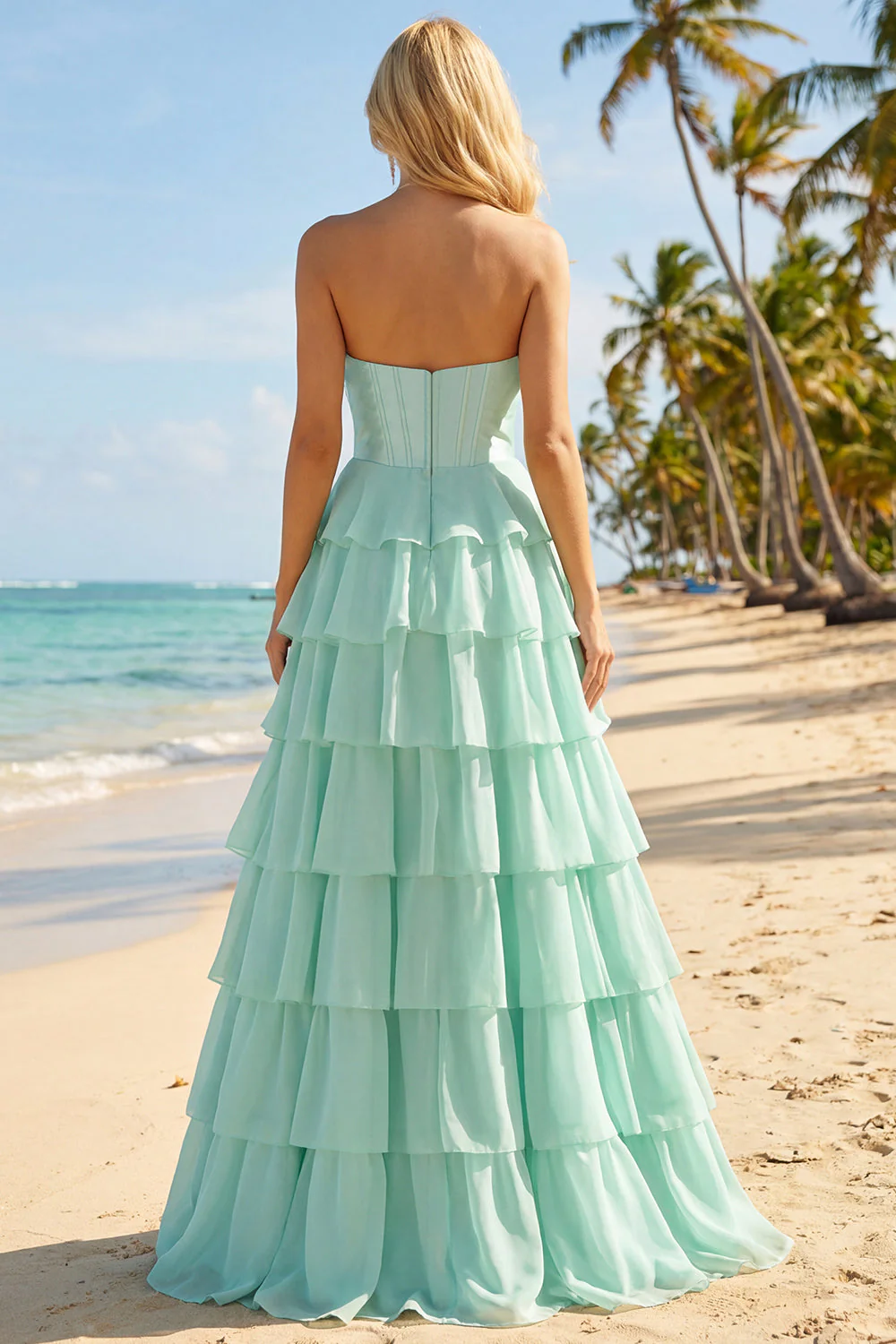 Blue Strapless Corset A-Line Tiered Ruffled Long Prom Dress with Slit - Image 12