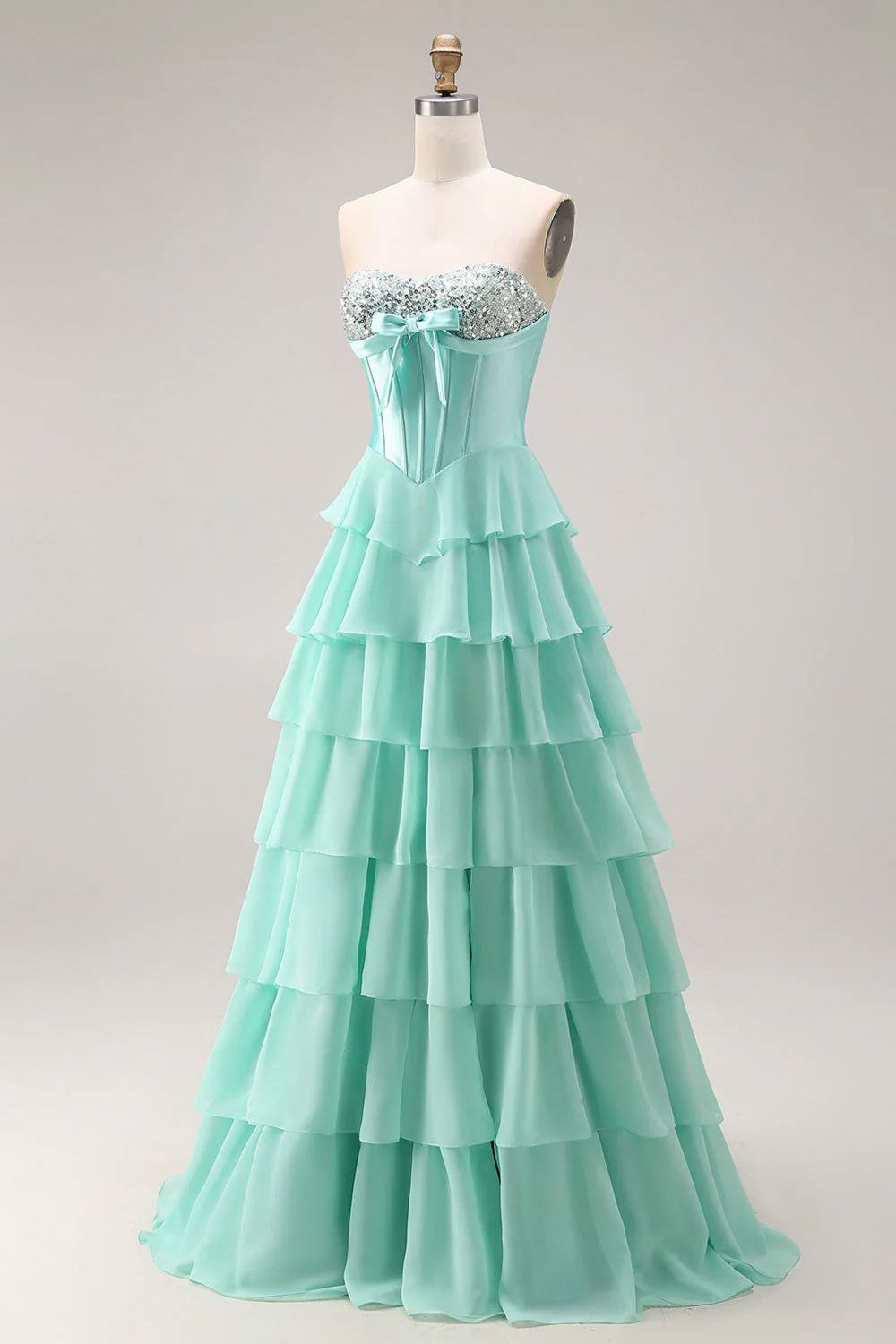 Blue Strapless Corset A-Line Tiered Ruffled Long Prom Dress with Slit - Image 13