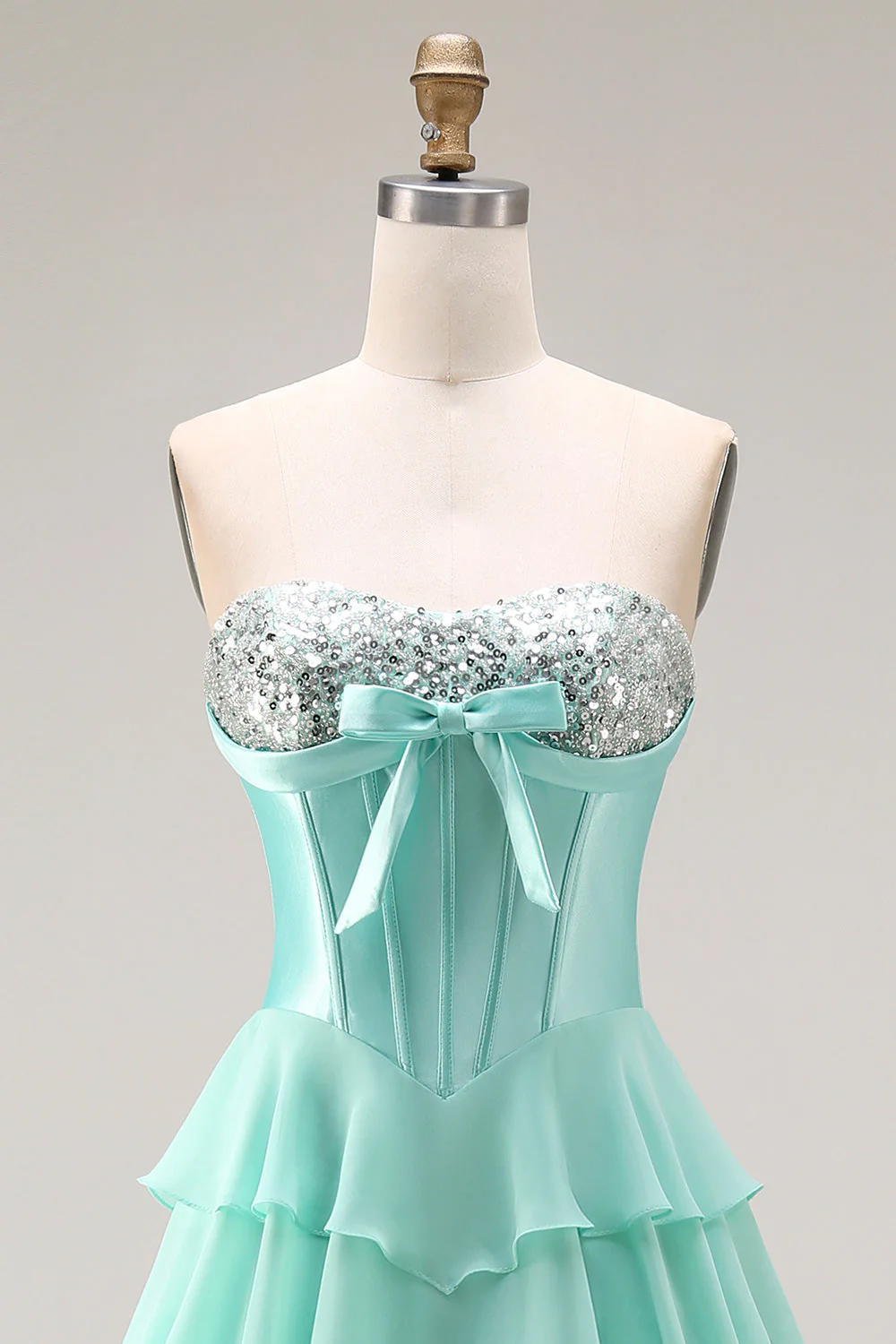 Blue Strapless Corset A-Line Tiered Ruffled Long Prom Dress with Slit - Image 14